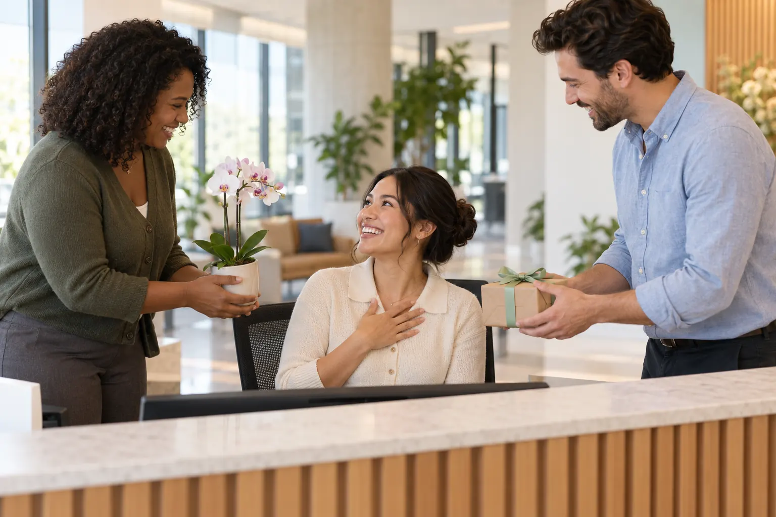 Two coworkers hand a smiling assistant at a front desk a potted orchid and a wrapped gift.