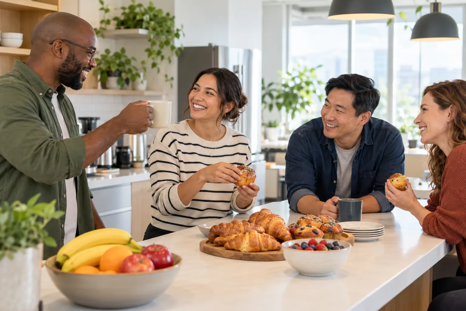 Four coworkers share croissants, muffins and fruit at an office kitchen counter, one raising a coffee mug.