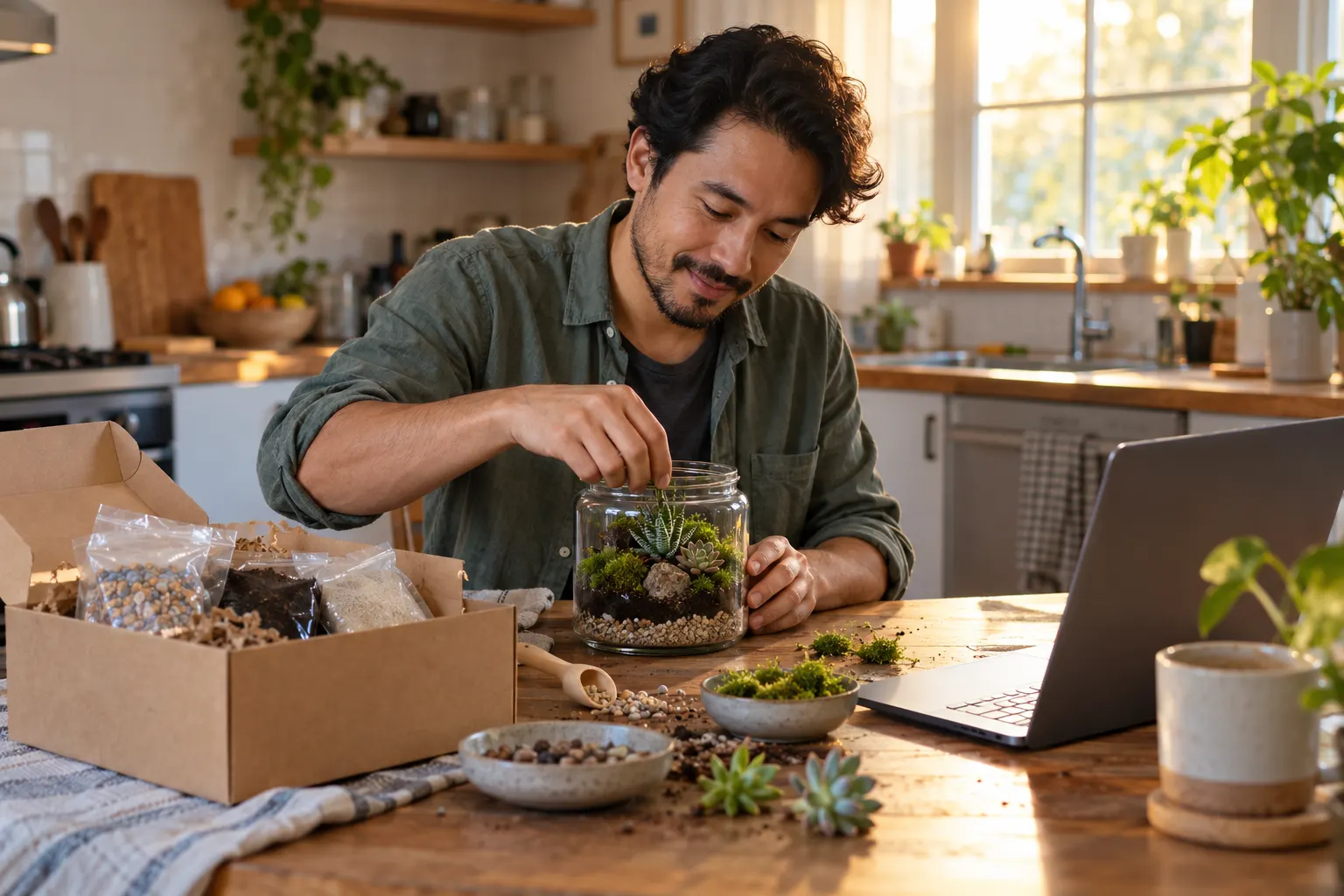 A man builds a glass terrarium at his kitchen table beside an opened supply box and a laptop