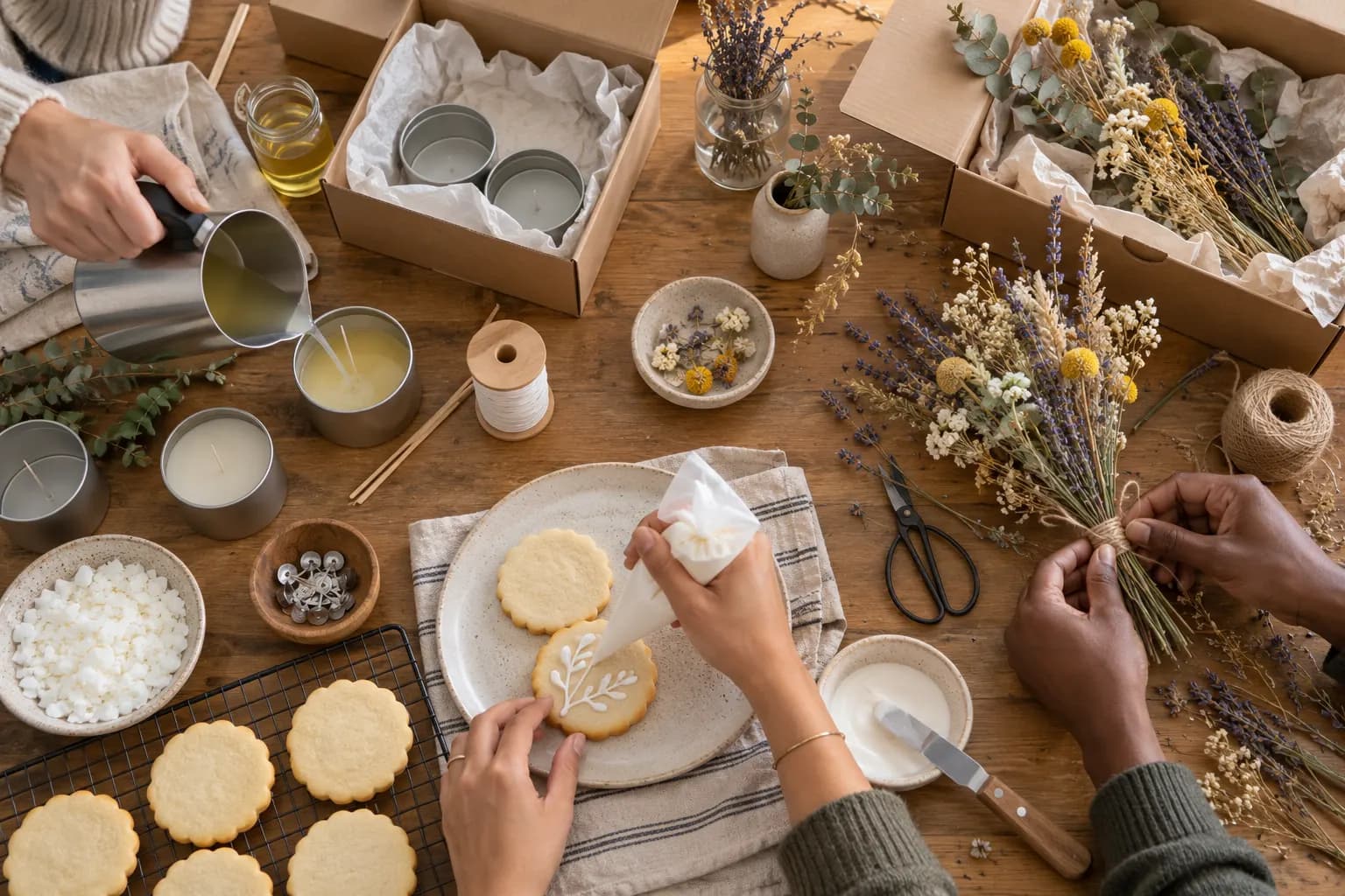 Hands at a wooden table pour a candle, ice a cookie and tie dried flowers beside open kit boxes