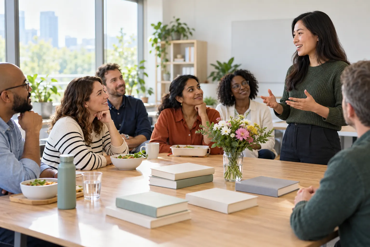 Coworkers at a lunch-and-learn in a bright office listen to a colleague speak beside a table of books.