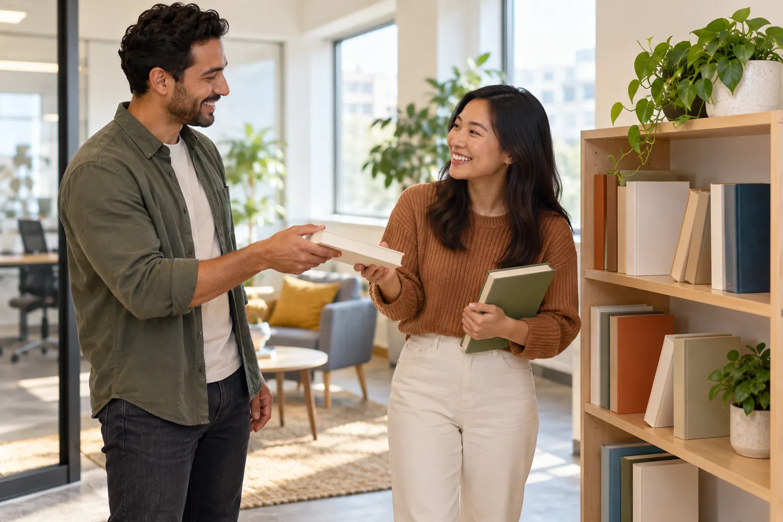 Two coworkers stand by an office bookshelf, and one hands a book to the other.