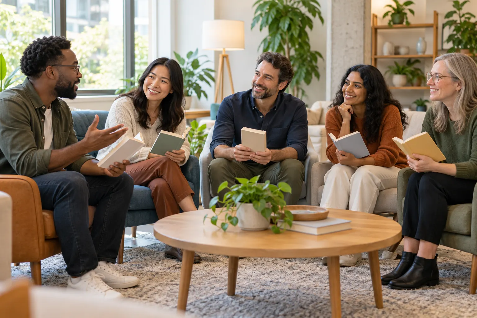 Five coworkers sit in lounge chairs holding plain paperbacks while one talks and the others smile.