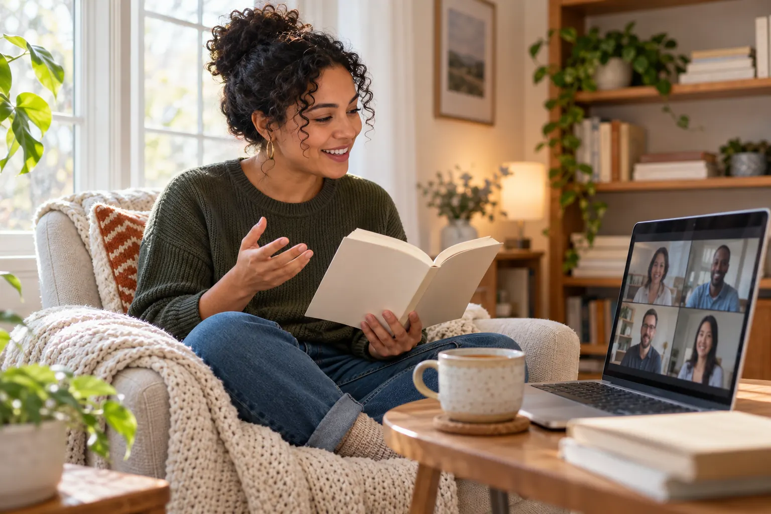 A woman in a cozy armchair talks about her open book with four colleagues on a laptop call.