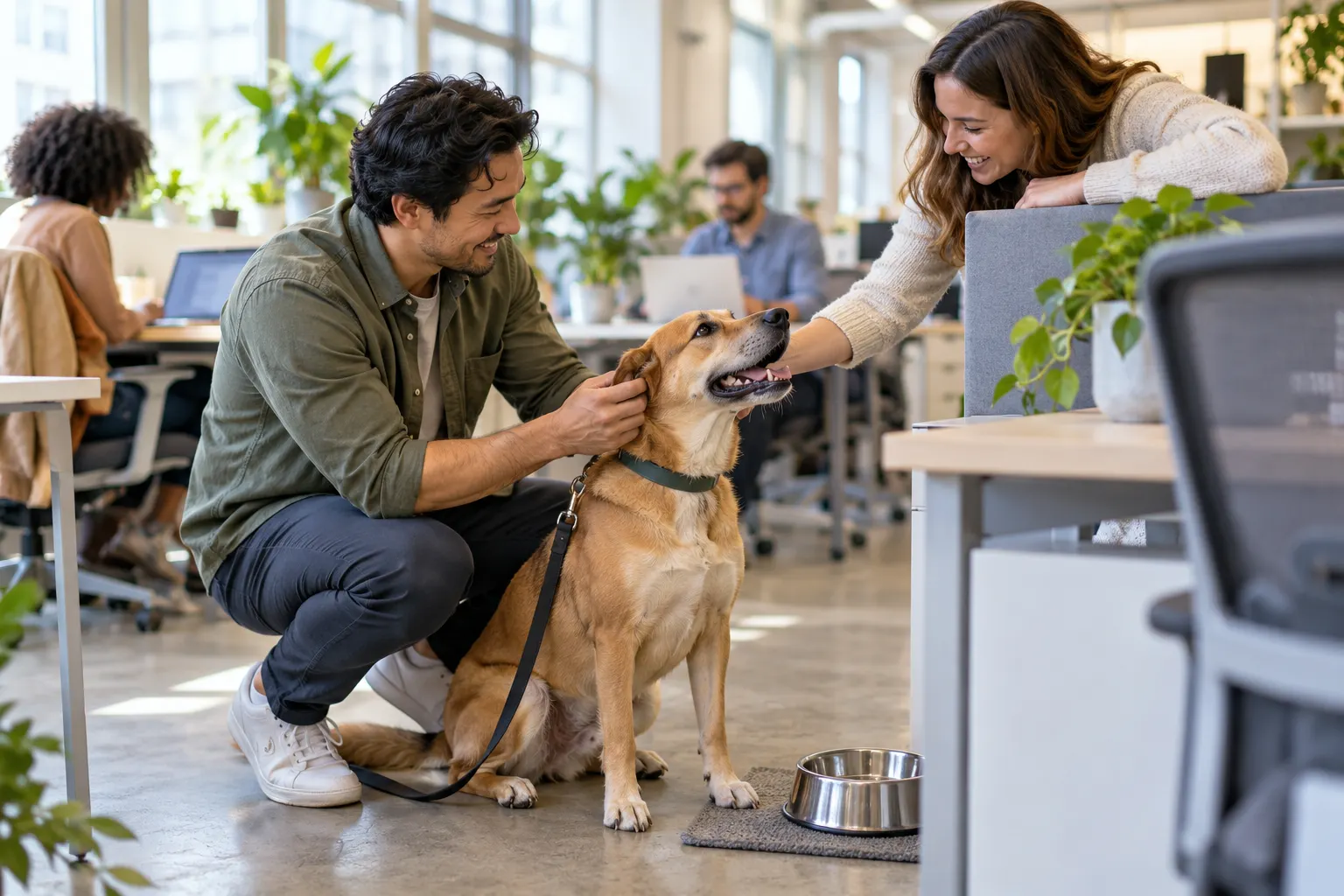 A tan mixed-breed dog on a leash sits by a water bowl as its owner and a coworker pet it