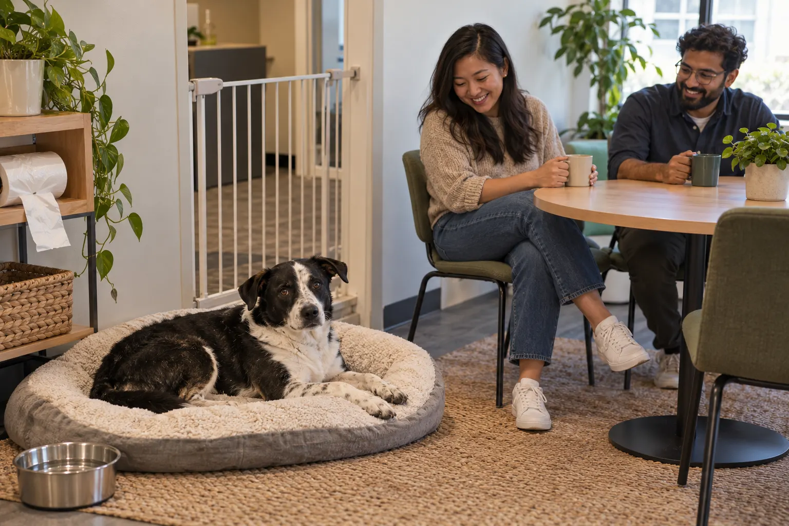 A black-and-white dog rests on a bed by a baby gate and water bowl as two coworkers with mugs smile