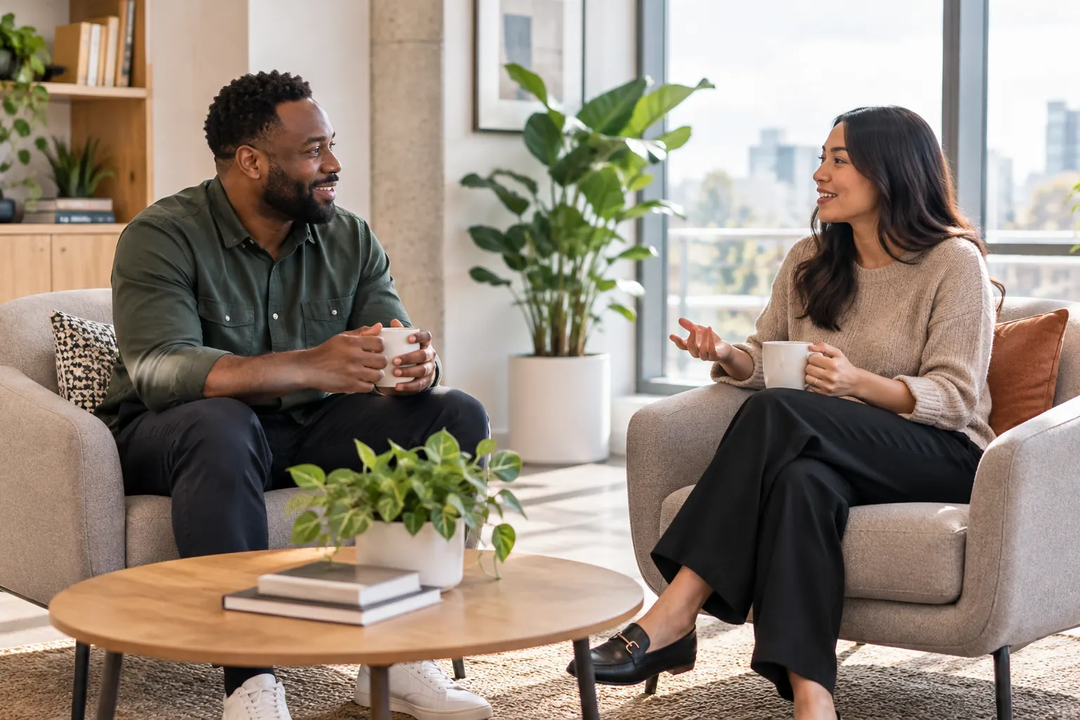 A manager and an employee talk over coffee in armchairs in a quiet, bright corner of an office.