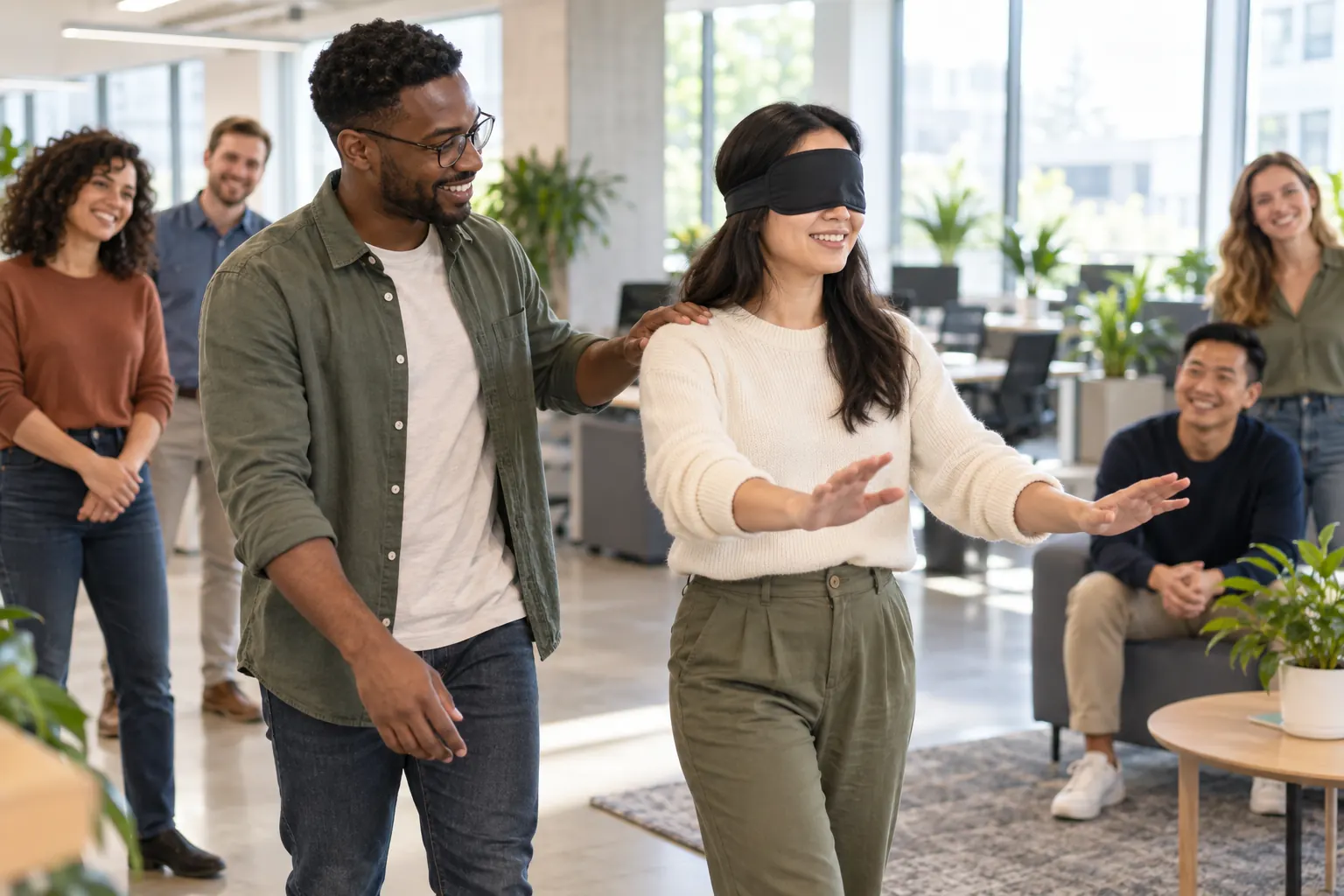 A smiling coworker guides a blindfolded colleague by the shoulder while teammates watch in an open office.