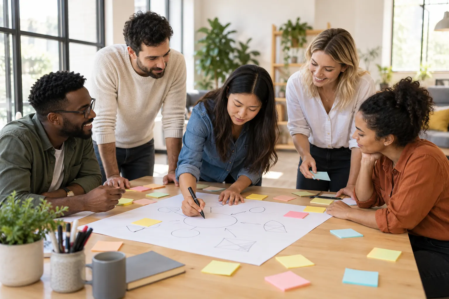 Five coworkers gather around a table of sticky notes while one sketches a diagram on a large sheet.