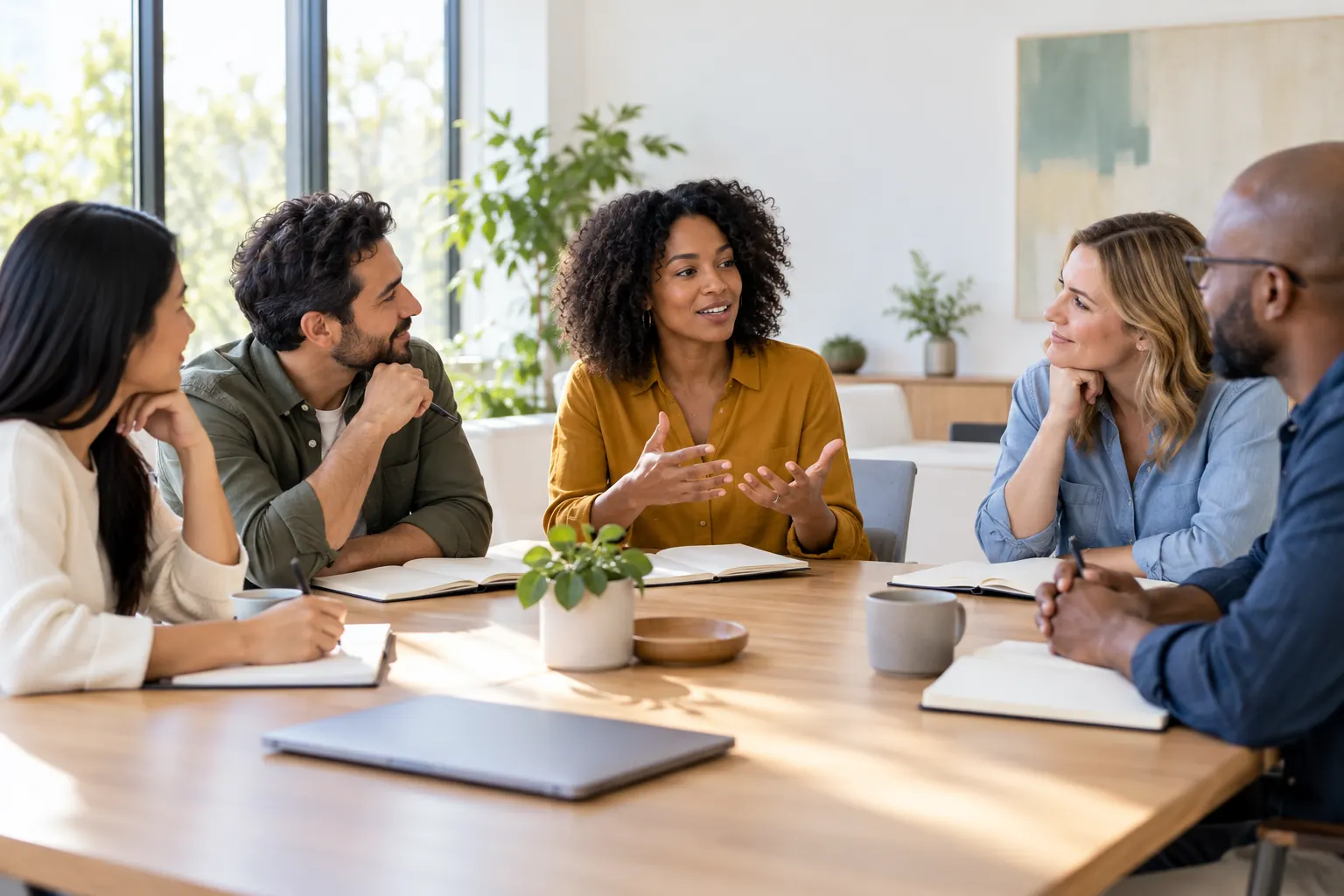In a meeting room, one teammate shares an idea while the others listen closely with notebooks open.
