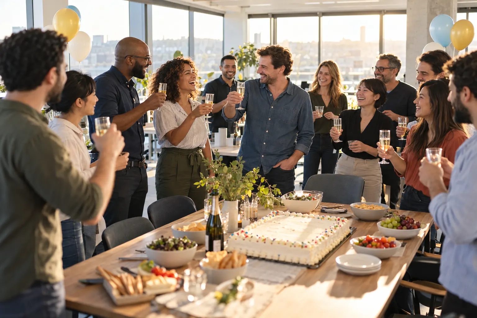 Coworkers raise glasses around a table with a sheet cake and snacks at a sunny afternoon office party