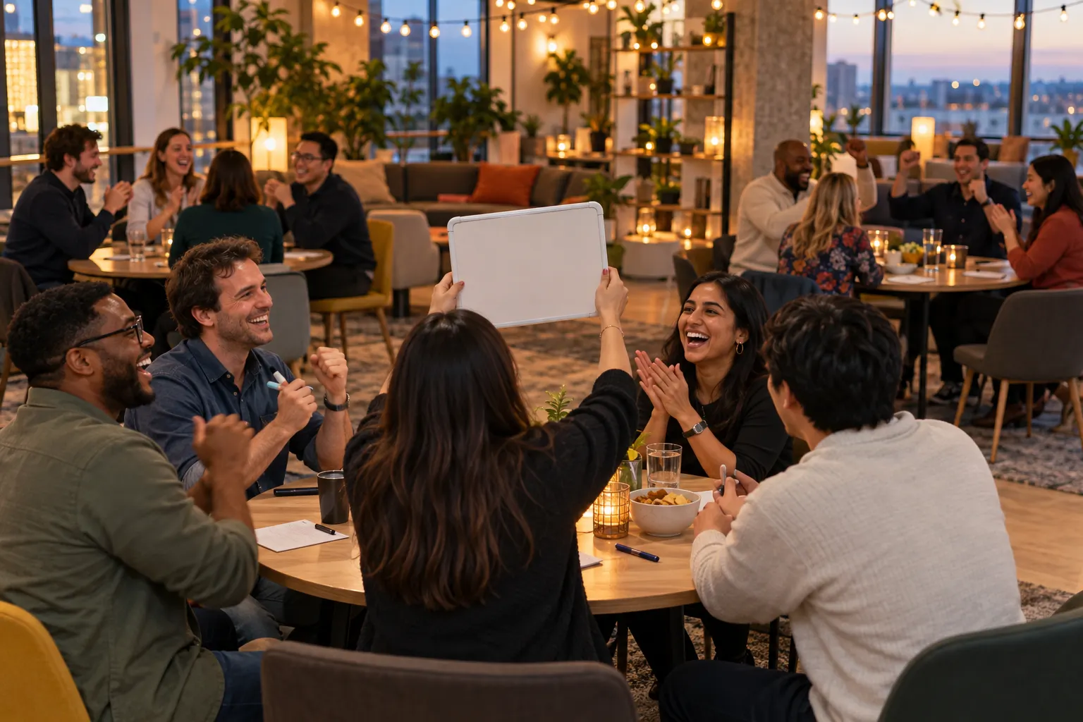 A woman holds up her team's answer board as coworkers at round tables cheer during an evening office party quiz