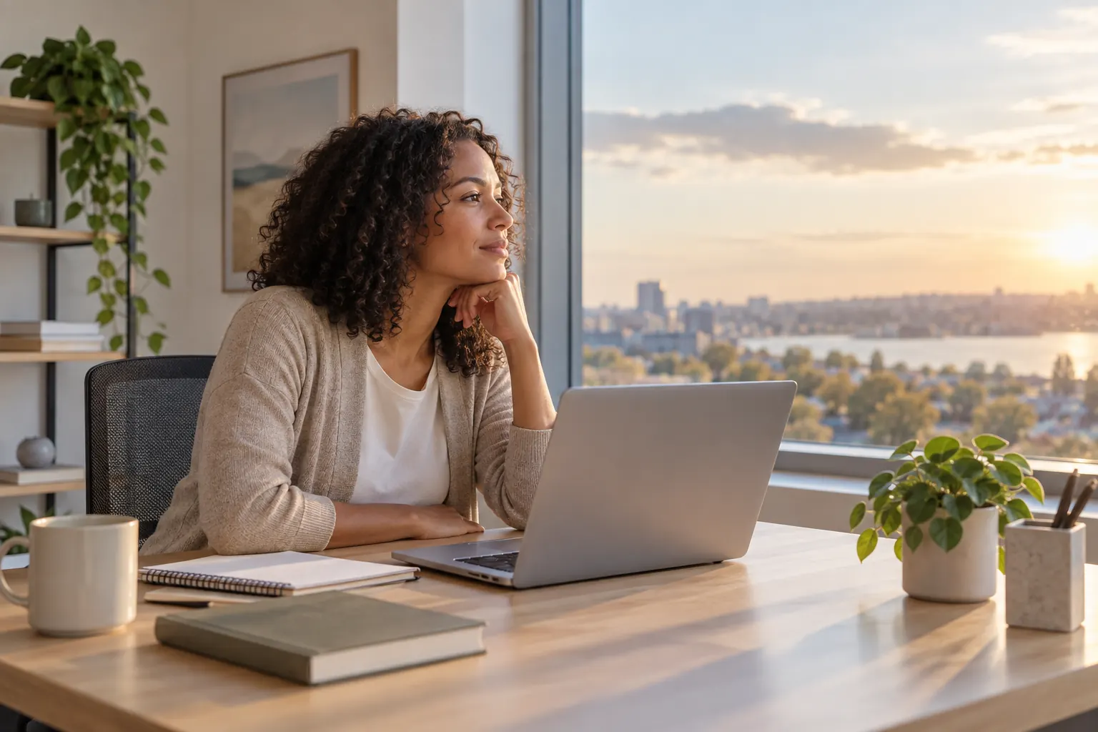 A woman at her desk rests her chin on her hand and gazes out a window at a city sunset.