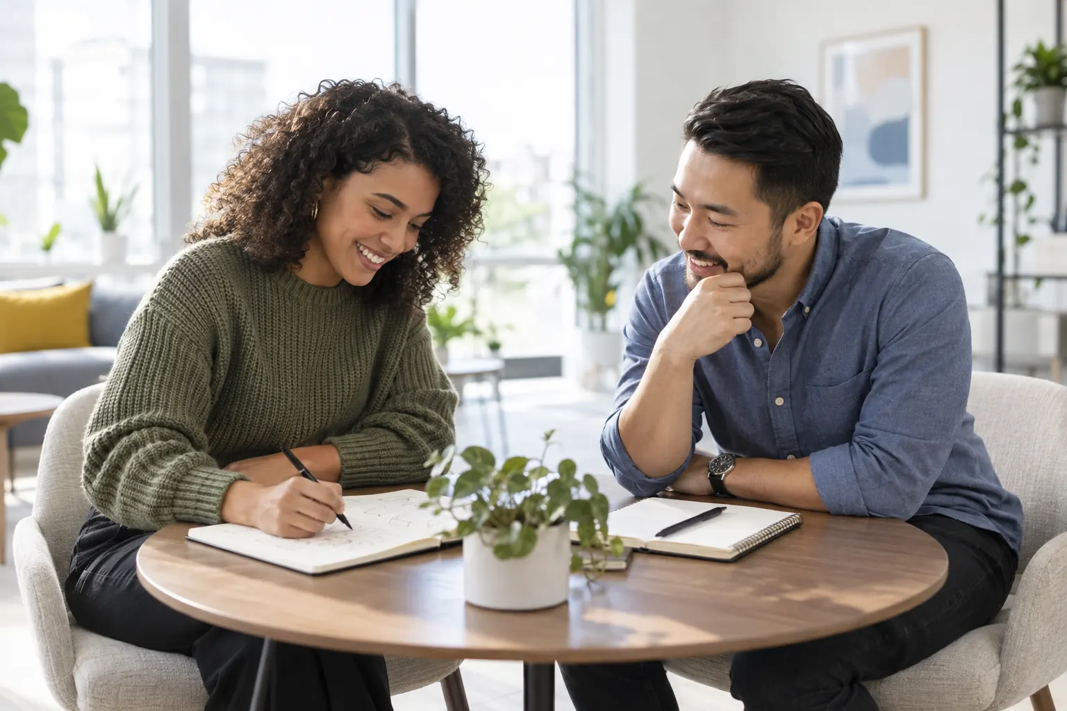 Two coworkers smile over open notebooks at a small round table while one sketches an idea.