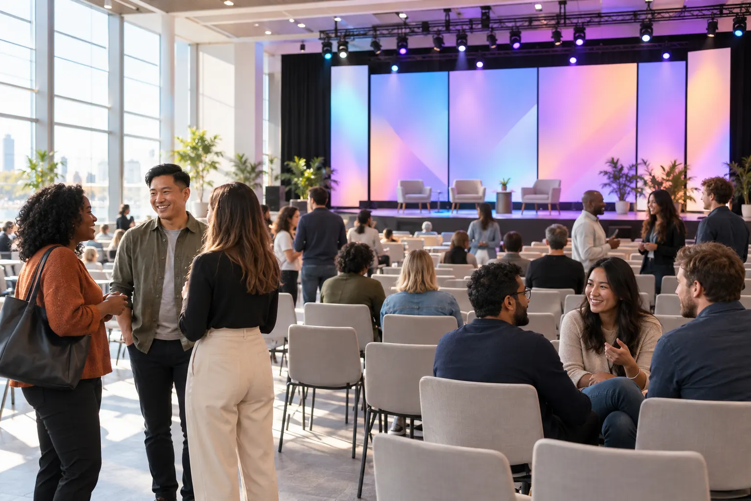 Attendees chat in small groups between rows of chairs in front of a stage lit with colorful panels.