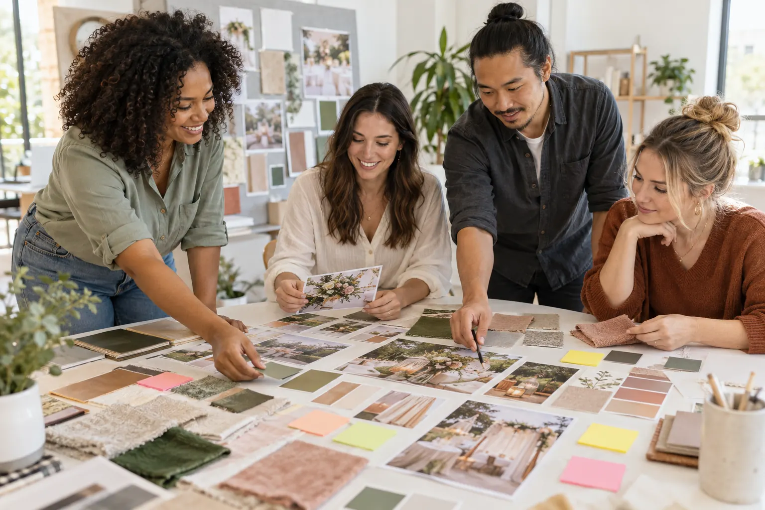 Four event planners build a mood board from color swatches, fabric samples and photo prints.