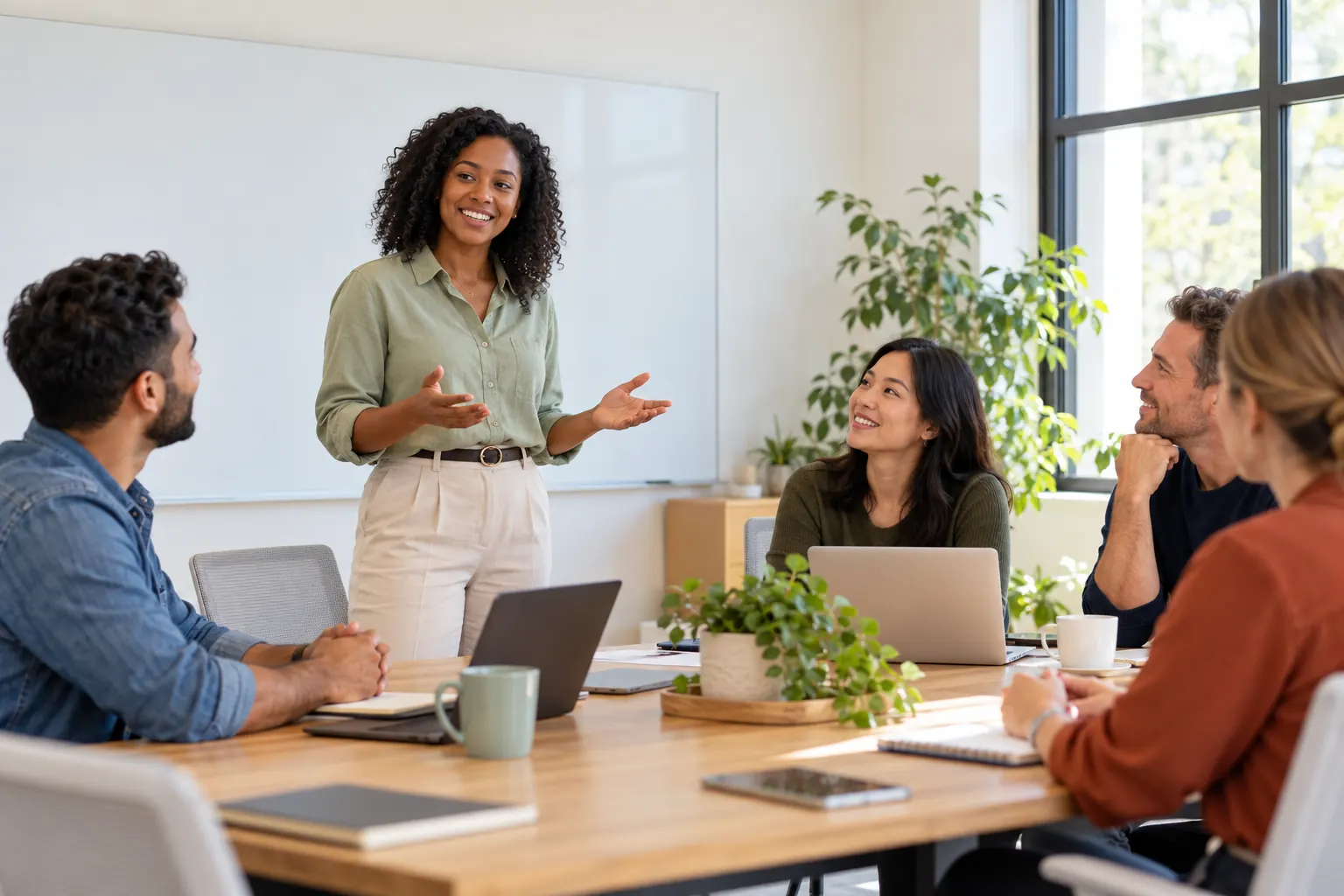 A woman stands and talks to four smiling colleagues around a meeting table with laptops and coffee mugs.