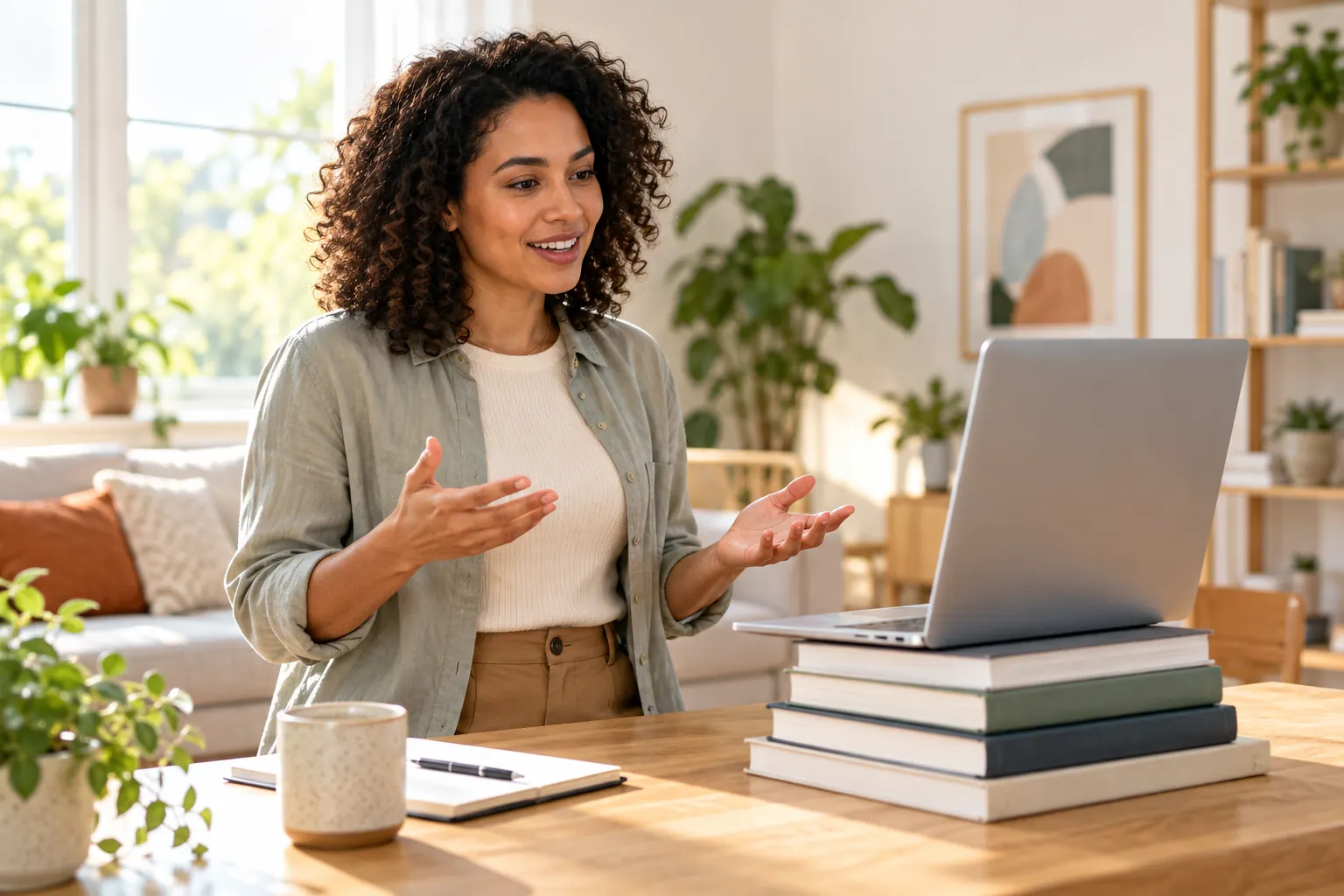 A woman rehearses a talk at home in front of a laptop raised on a stack of books.