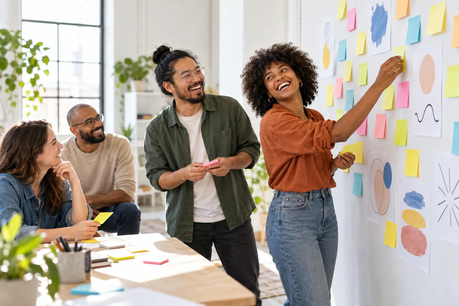 Two coworkers laugh as they add sticky notes to a colorful idea wall in a bright studio office.