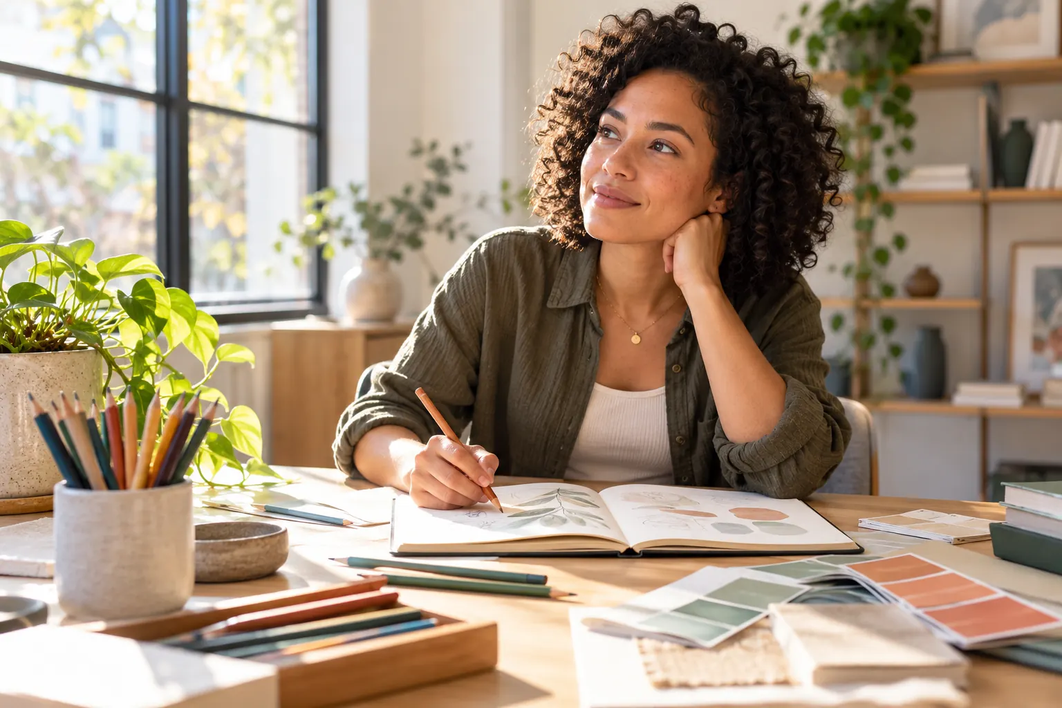 A designer sketches ideas in a notebook at a sunny desk covered with colored pencils and paint swatches.