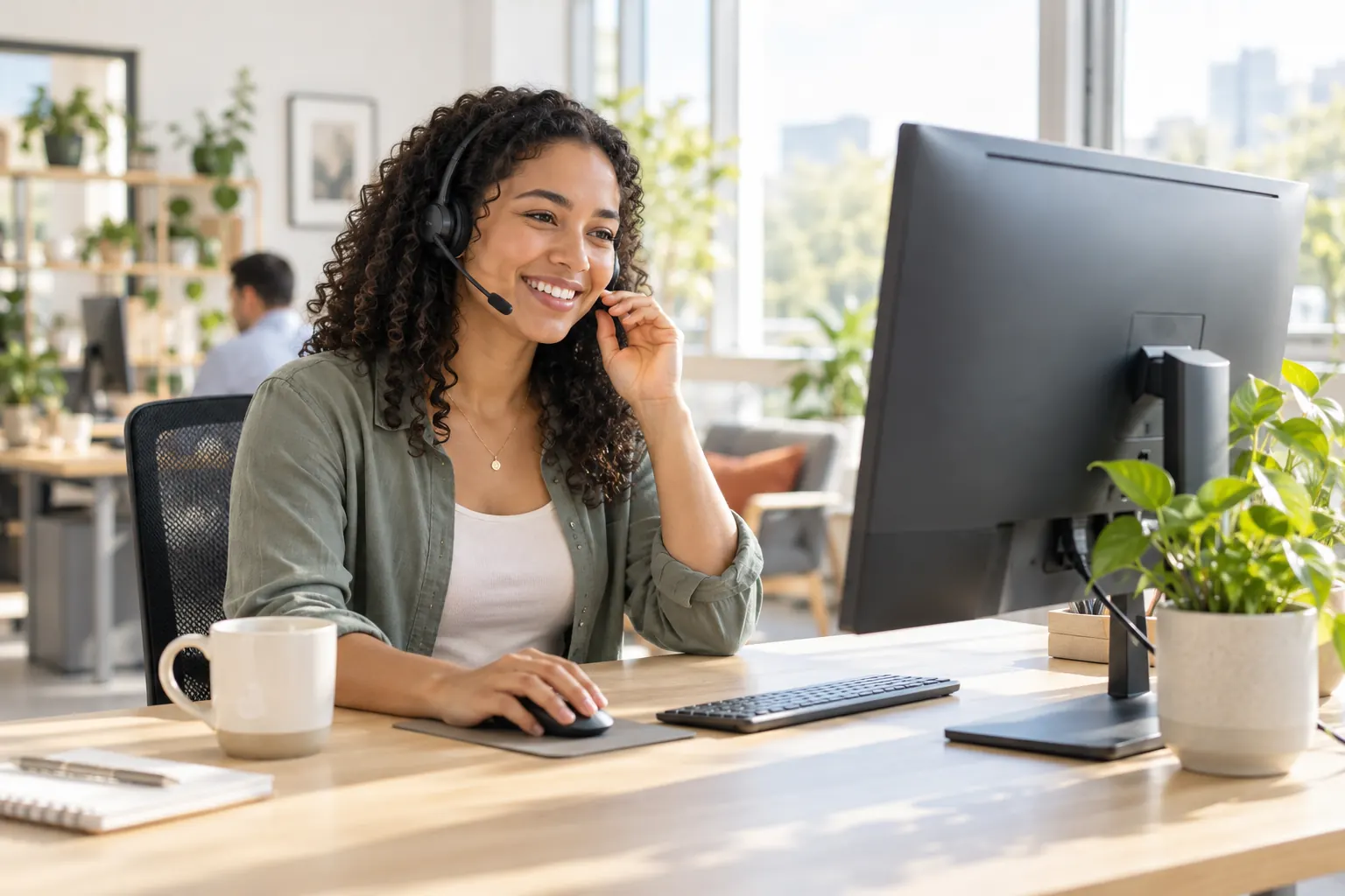 A smiling support specialist in a headset talks with a caller at her desk in a bright, plant-filled office.