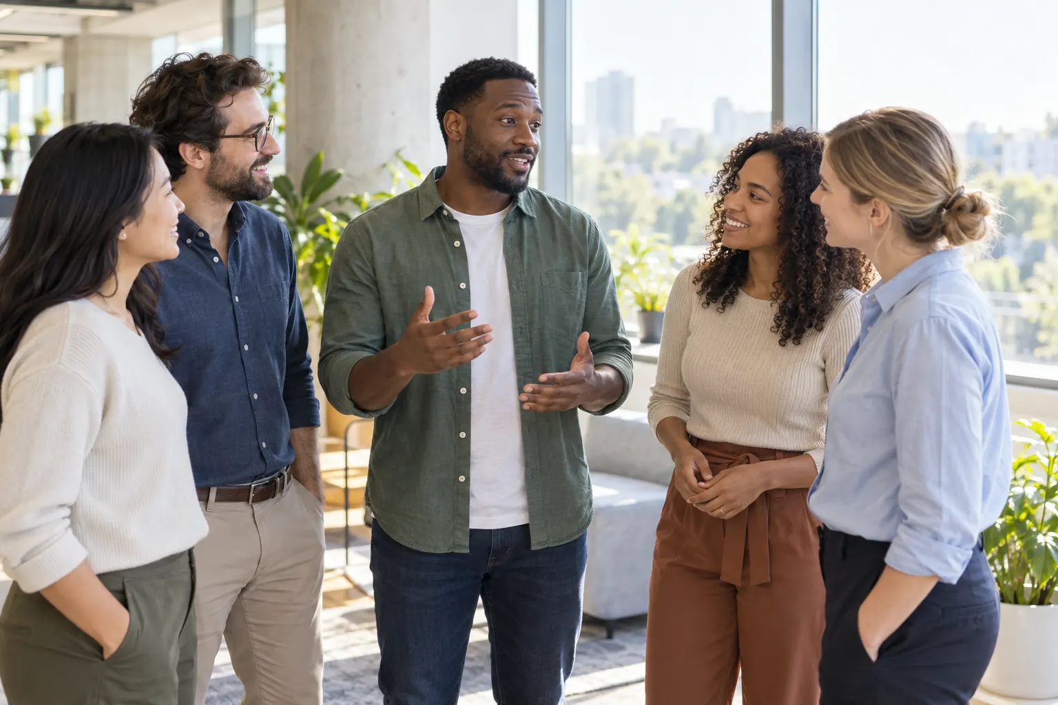 Five coworkers stand in a loose circle by a sunny window while one of them shares a thought.