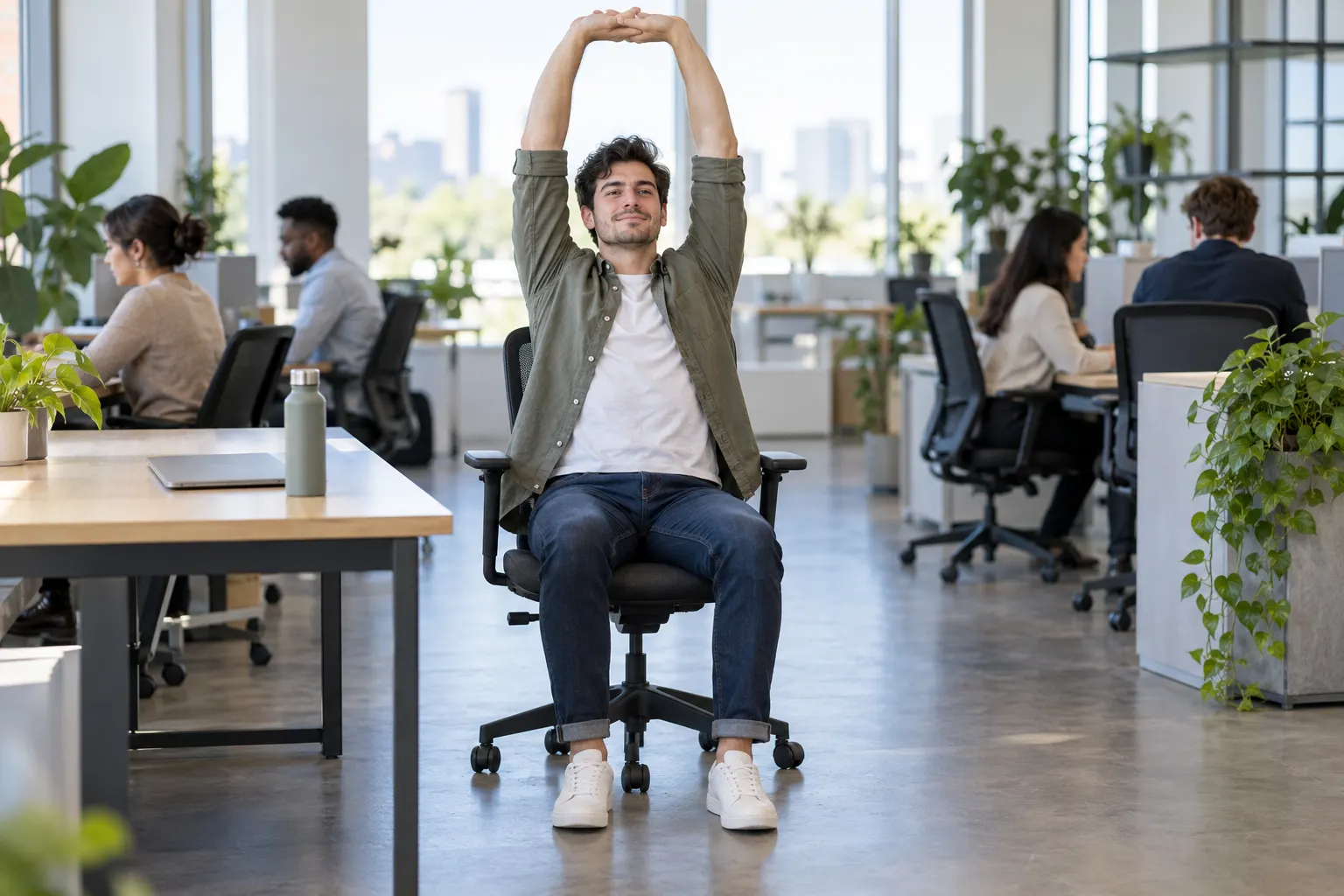 A man in a bright open-plan office sits upright in his desk chair, stretching both arms overhead with fingers interlaced.