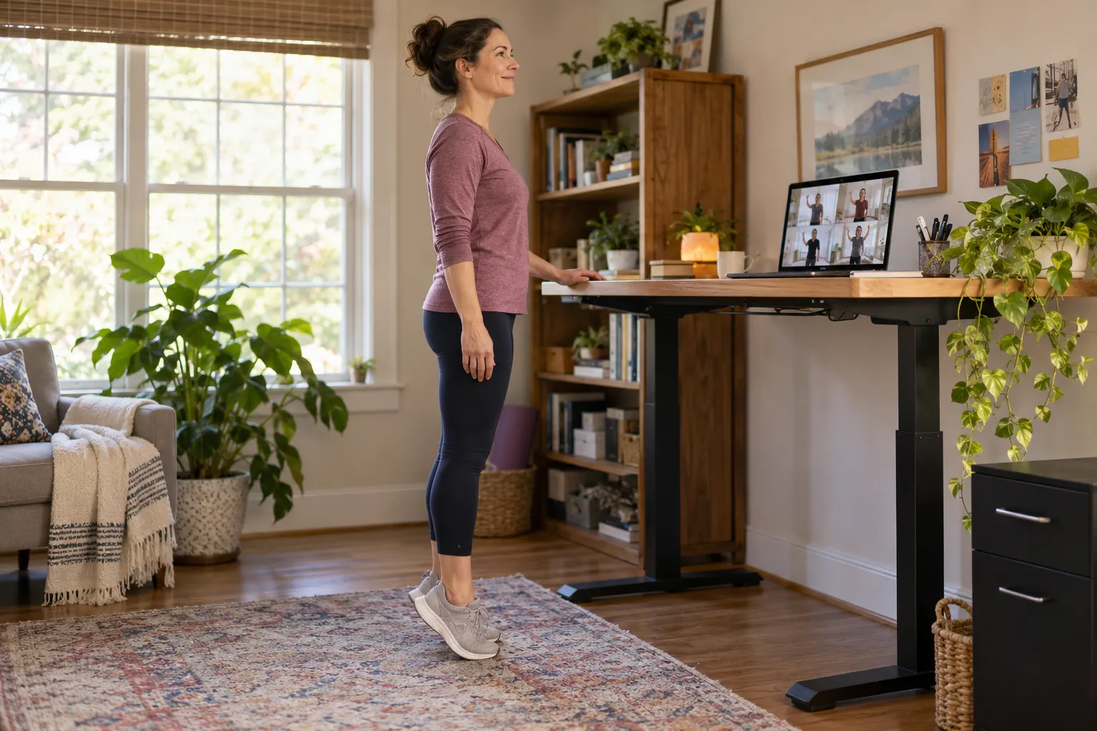 A woman rises onto her toes beside her standing desk at home while colleagues stretch on a video call.