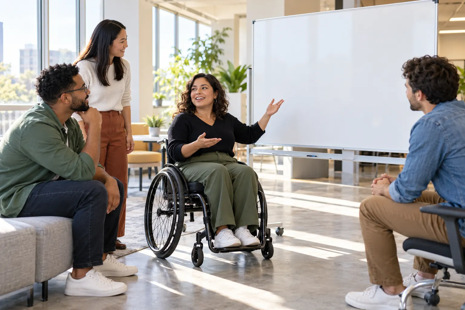 A coworker who uses a wheelchair leads a lively discussion at a whiteboard with three colleagues in an accessible office.
