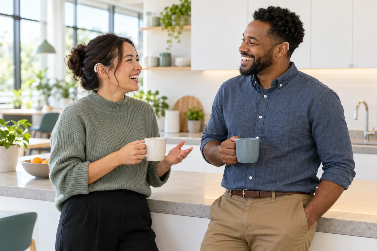 Two coworkers, both wearing hearing aids, laugh over coffee at the counter of a bright office kitchen.