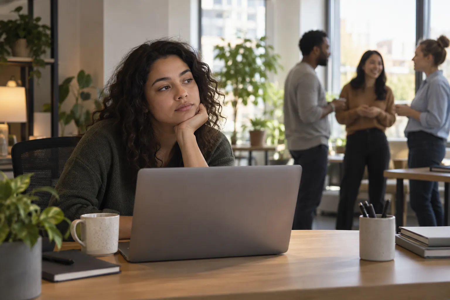 A woman rests her chin on her hand and stares past her laptop while coworkers chat behind her.