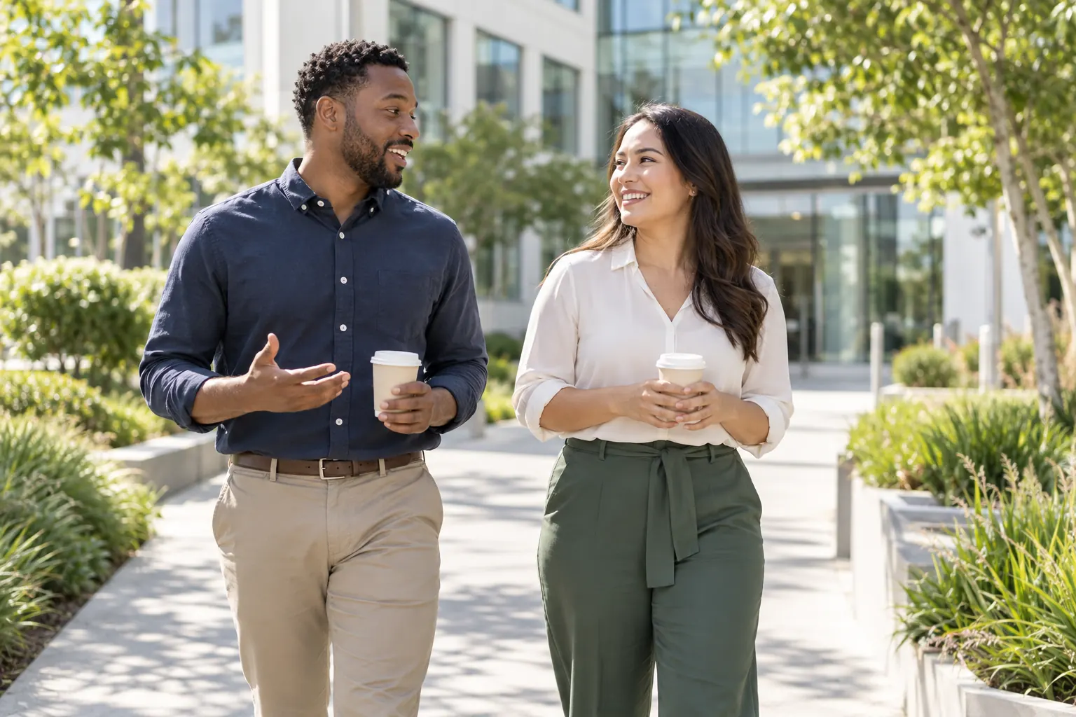 A man and a woman holding paper coffee cups talk and smile as they walk outside an office building.