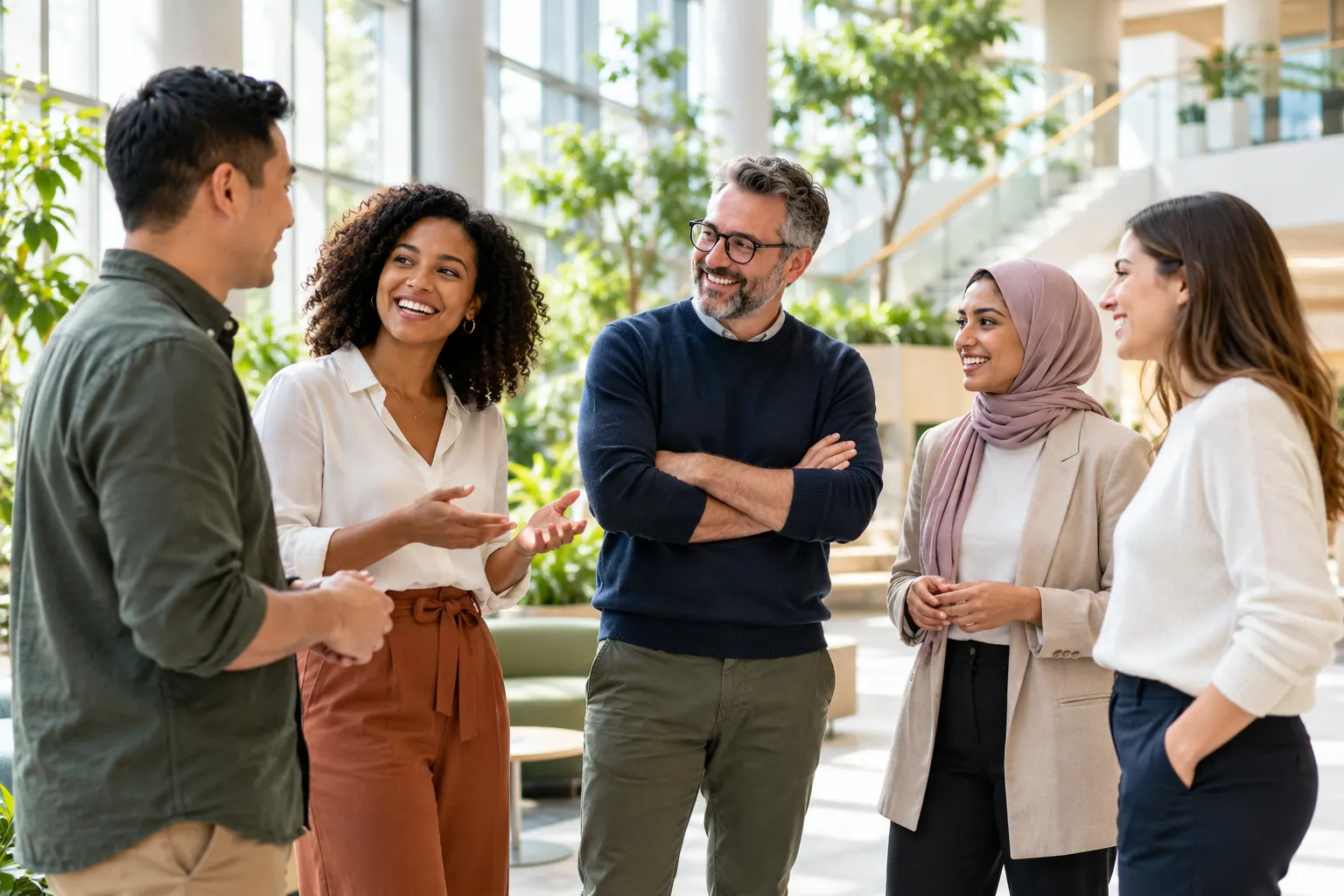 Coworkers of different ages and backgrounds stand together chatting and smiling in a bright office atrium with plants.