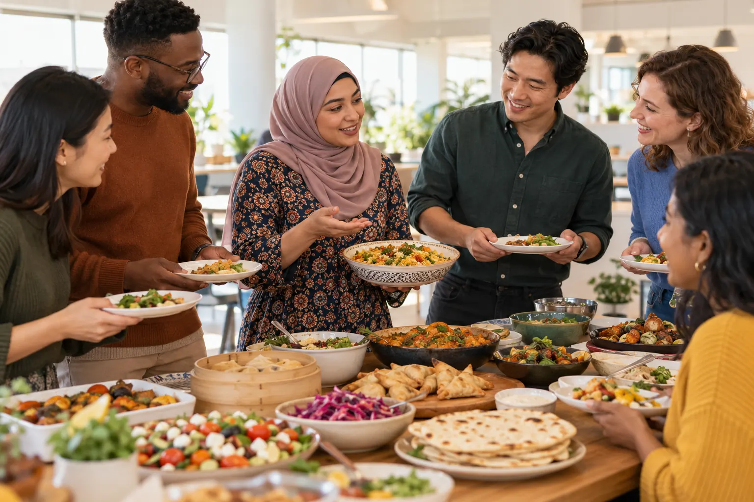 Coworkers gather around an office potluck table while one explains a dish and the others listen.