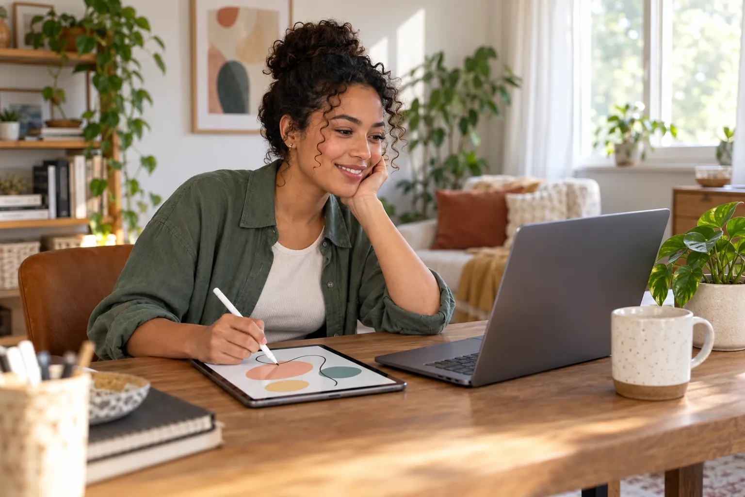 A smiling remote worker doodles on a tablet with a stylus at a home desk, her laptop open beside her.