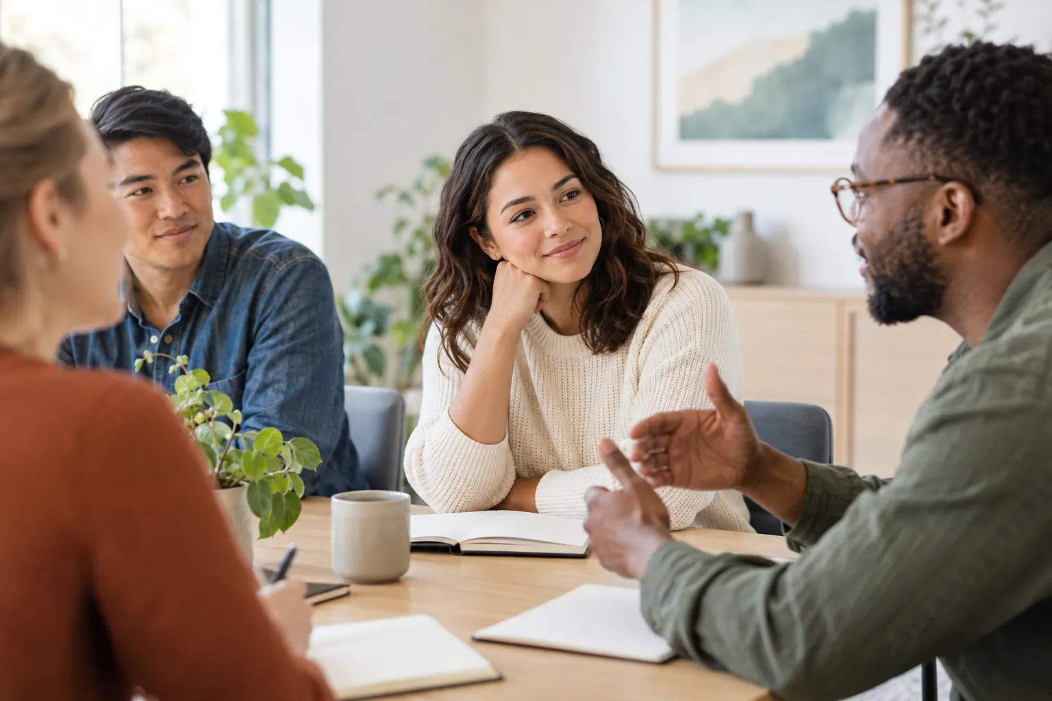 A woman at a meeting table listens closely with a warm expression while a colleague explains something.