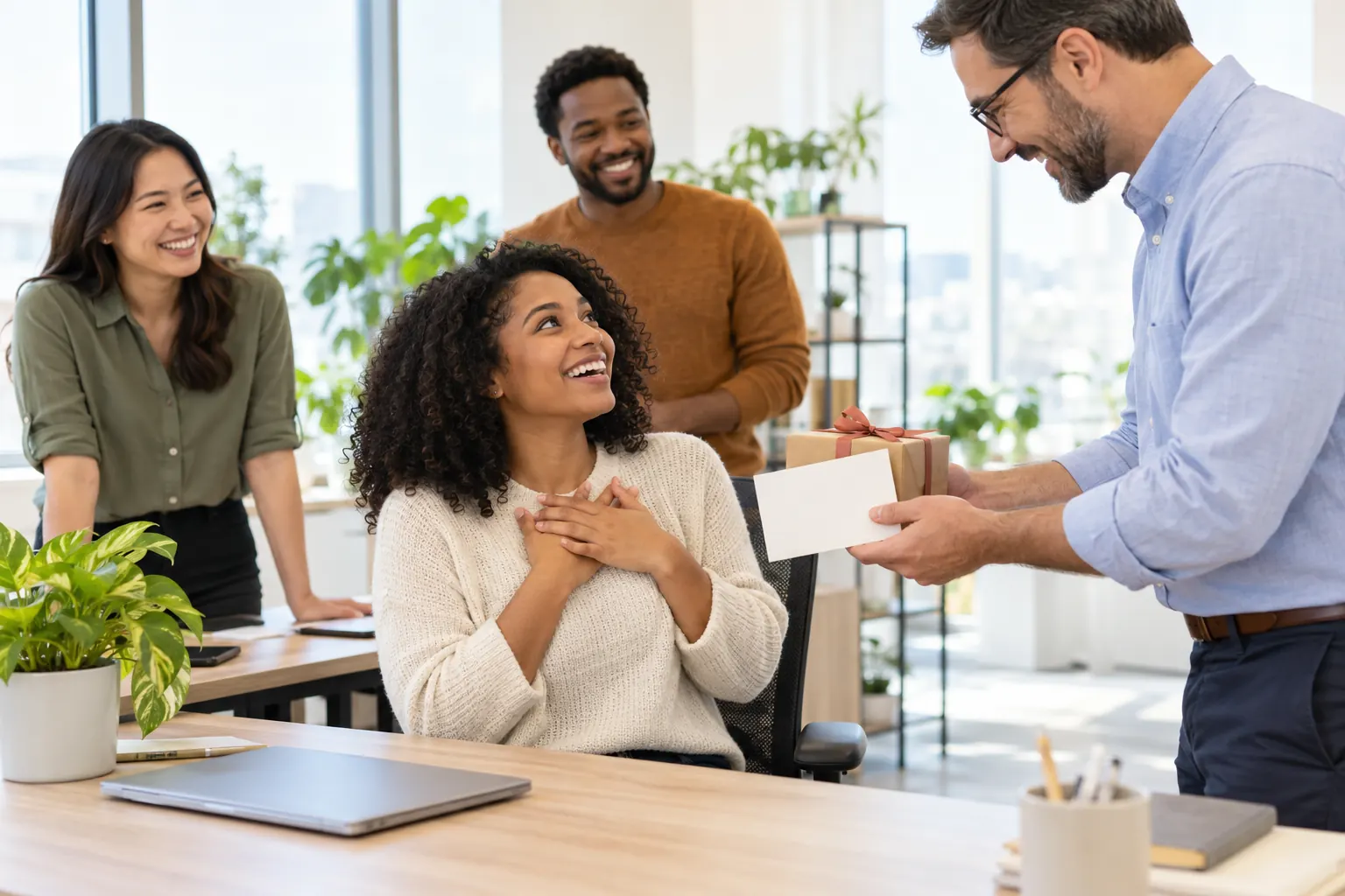A manager hands a gift box and a card to a delighted employee at her desk while two coworkers smile.