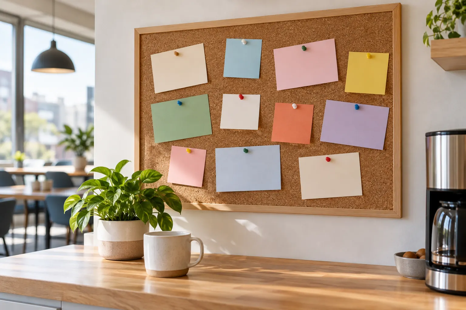 Blank pastel cards pinned to a corkboard above an office kitchen counter with a plant and a mug.