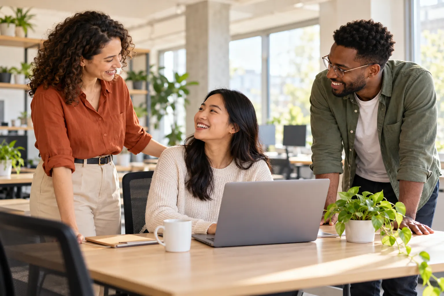 Two smiling coworkers lean in to welcome a new colleague seated at a laptop in a sunny office.