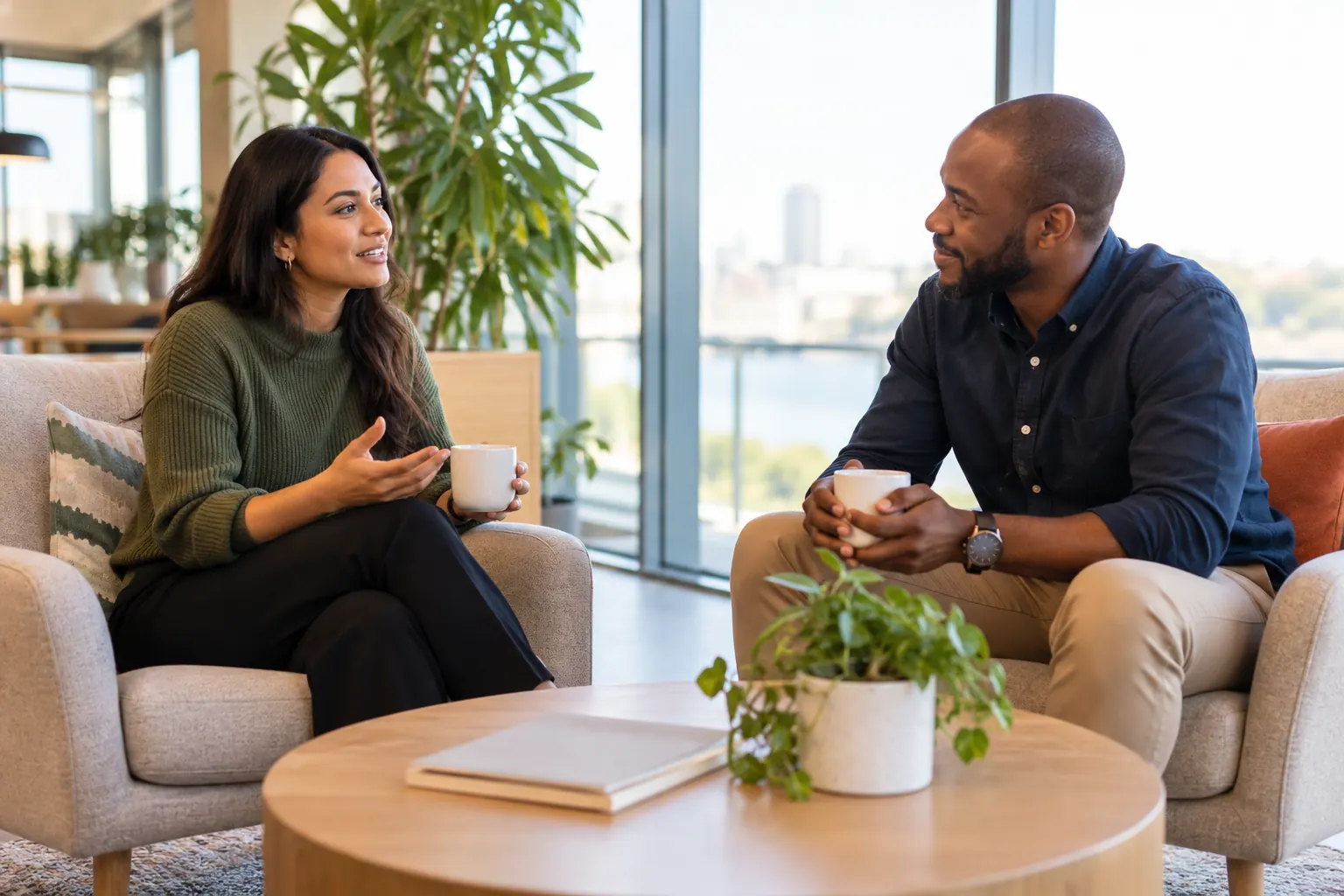 Two colleagues hold coffee mugs and talk in armchairs beside a large window with a city view.