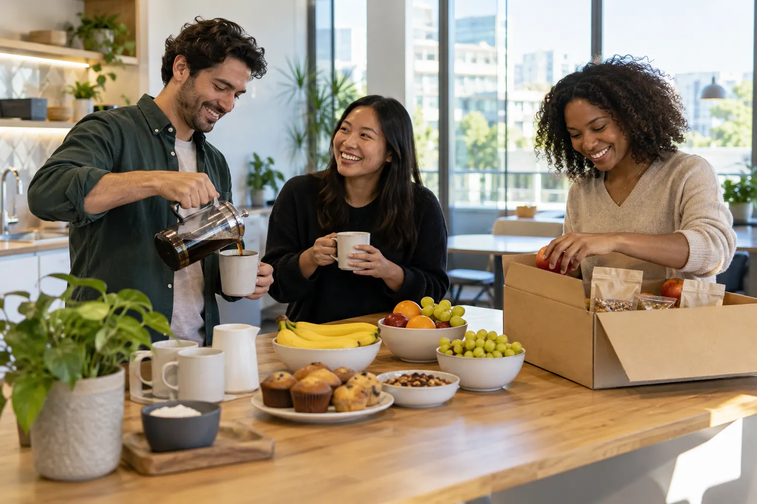 Three coworkers share coffee, fruit and muffins at an office kitchen counter while one unpacks a box of snacks