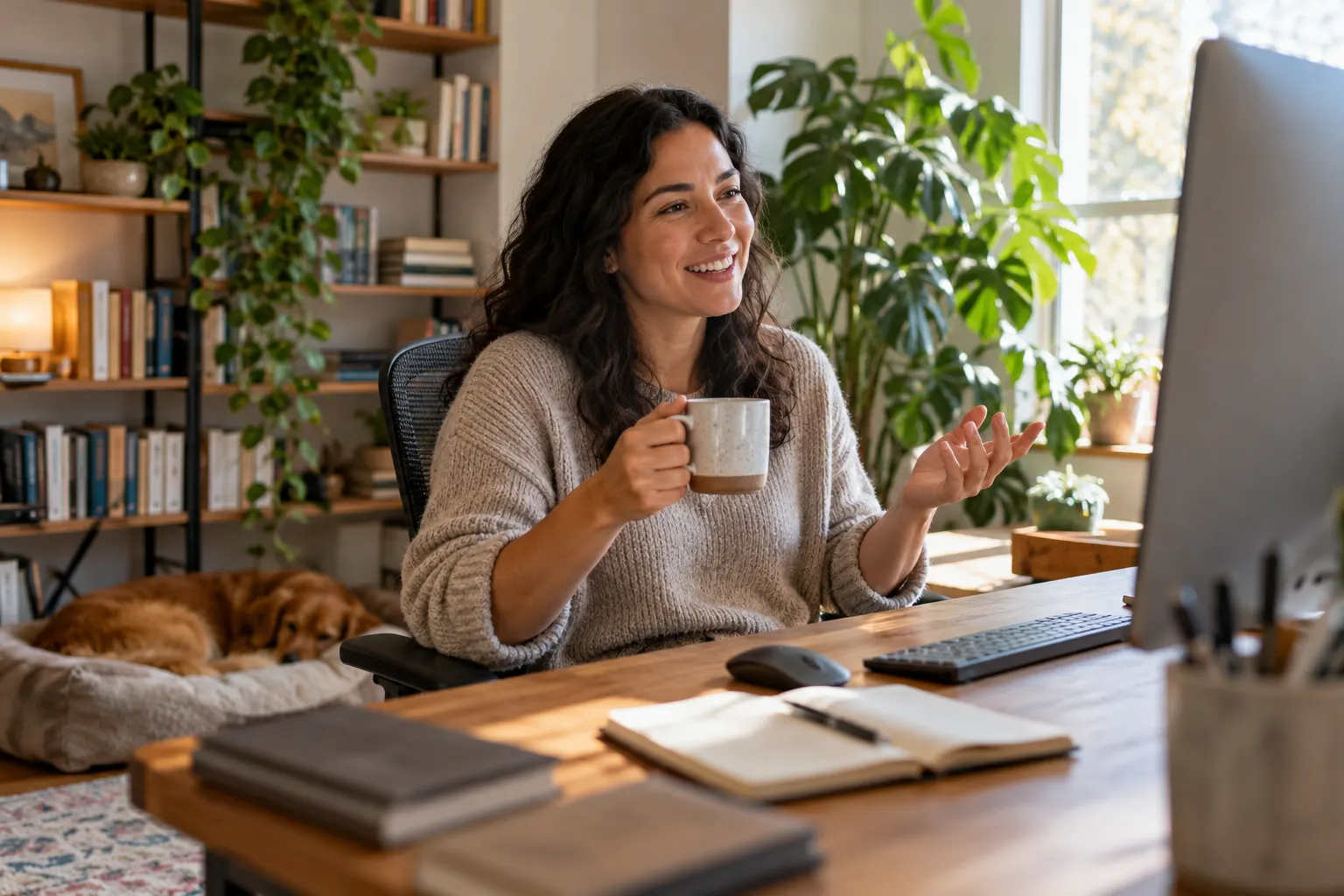 A woman in a sweater holds a mug and talks on a video call from her home office, her dog asleep behind her