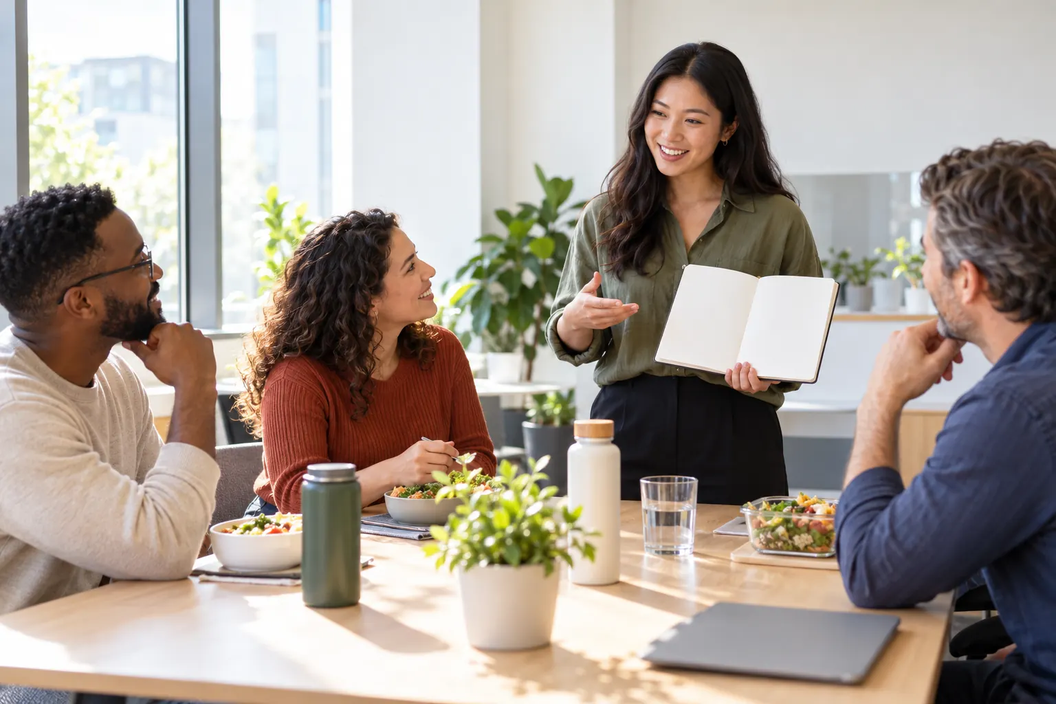 A small group of coworkers meets around a table at lunchtime while one of them presents from a notebook.