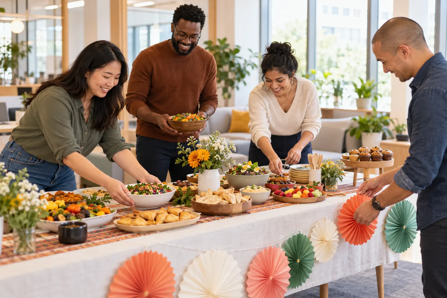 Coworkers set up a table with shared dishes and simple paper decorations for an office celebration.