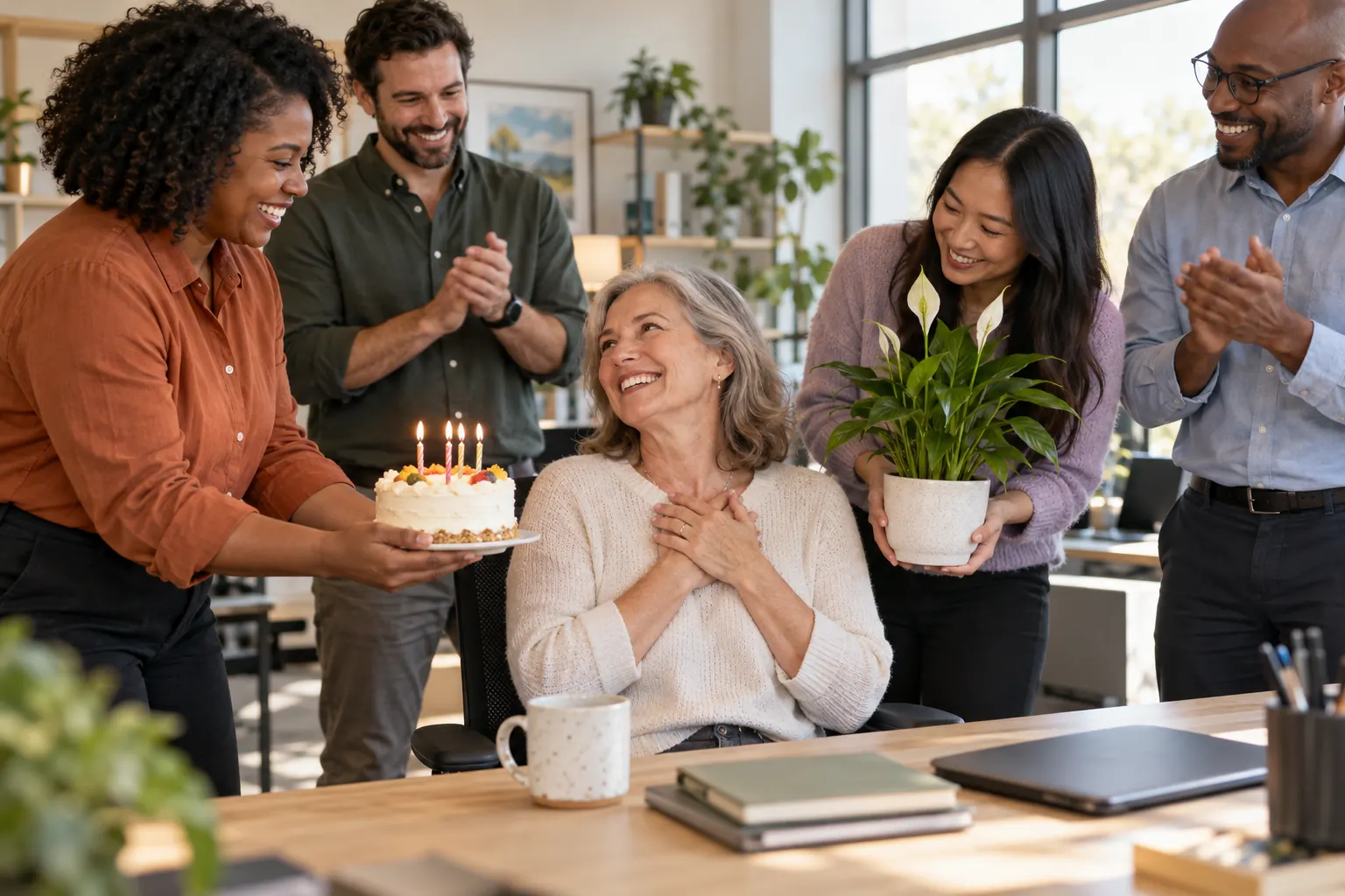 Smiling coworkers gather around a colleague at her desk with a candle-lit cake and a potted plant.