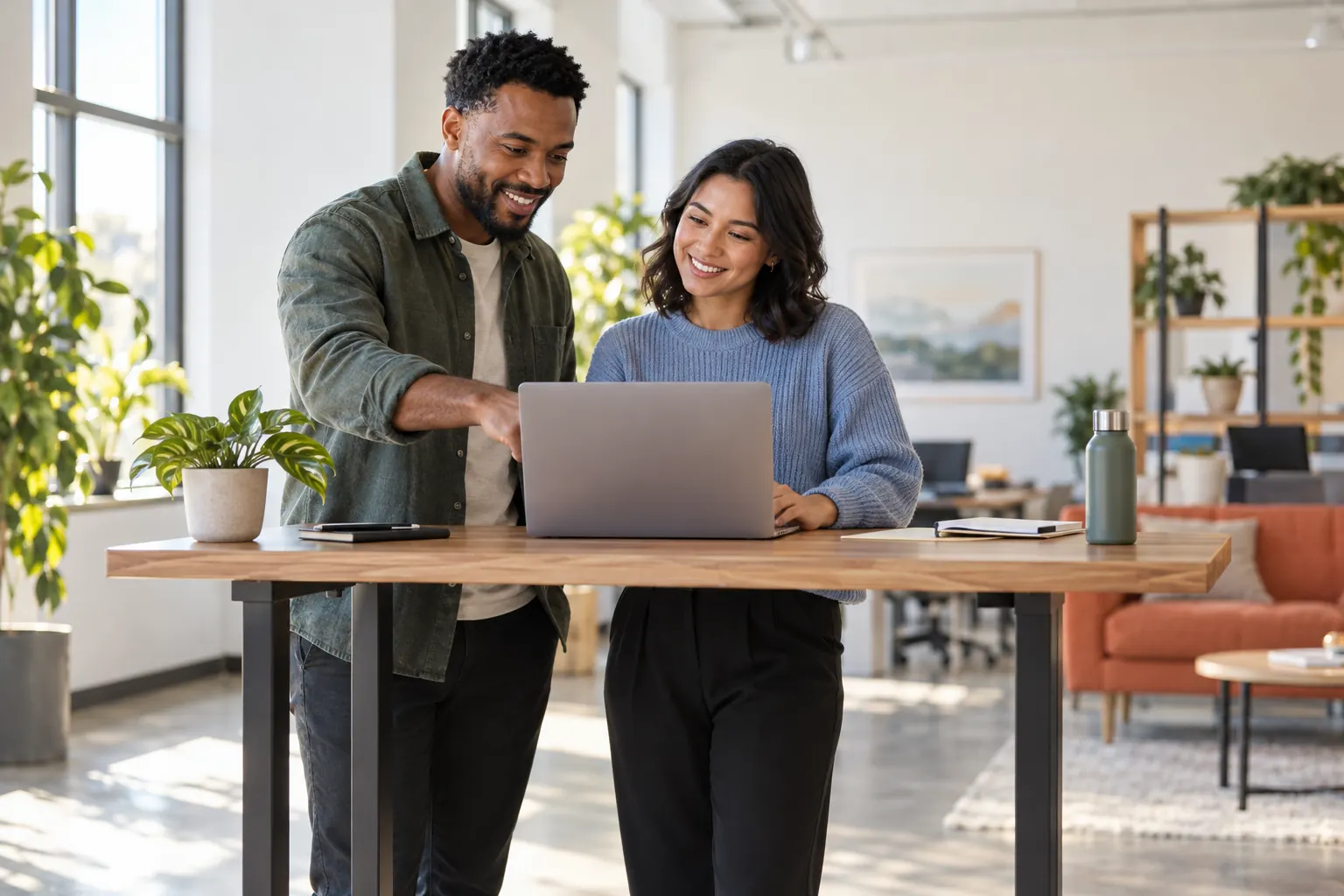 A mentor points at a laptop screen while a smiling junior colleague works beside him at a standing desk.