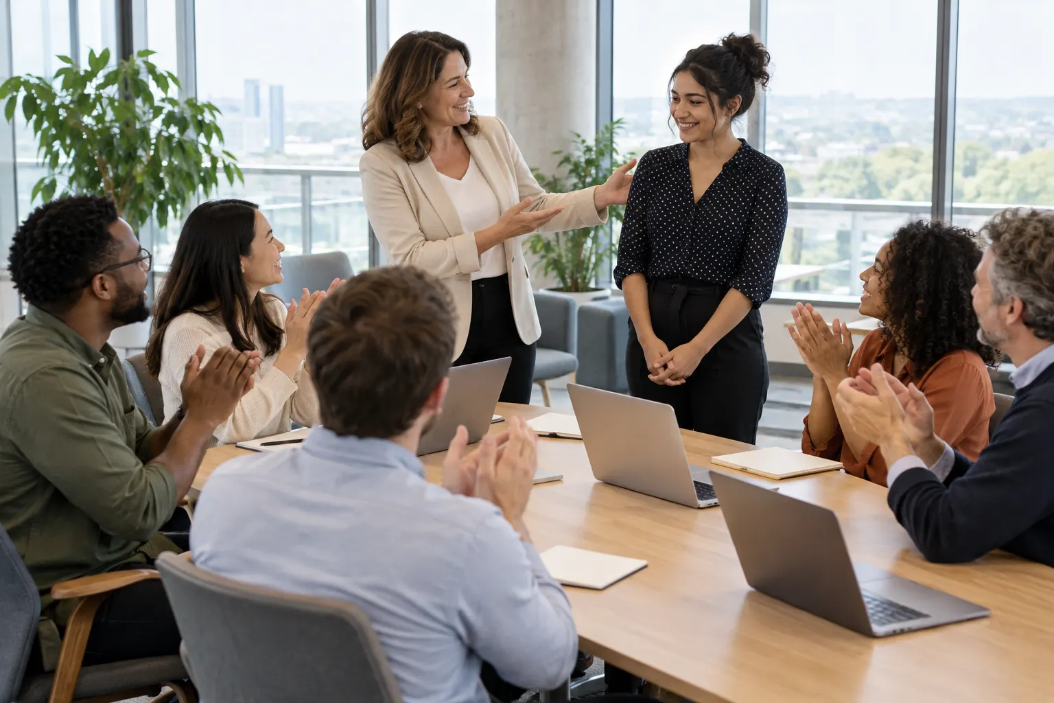 A manager points out a smiling colleague while teammates around an office table applaud during a meeting.