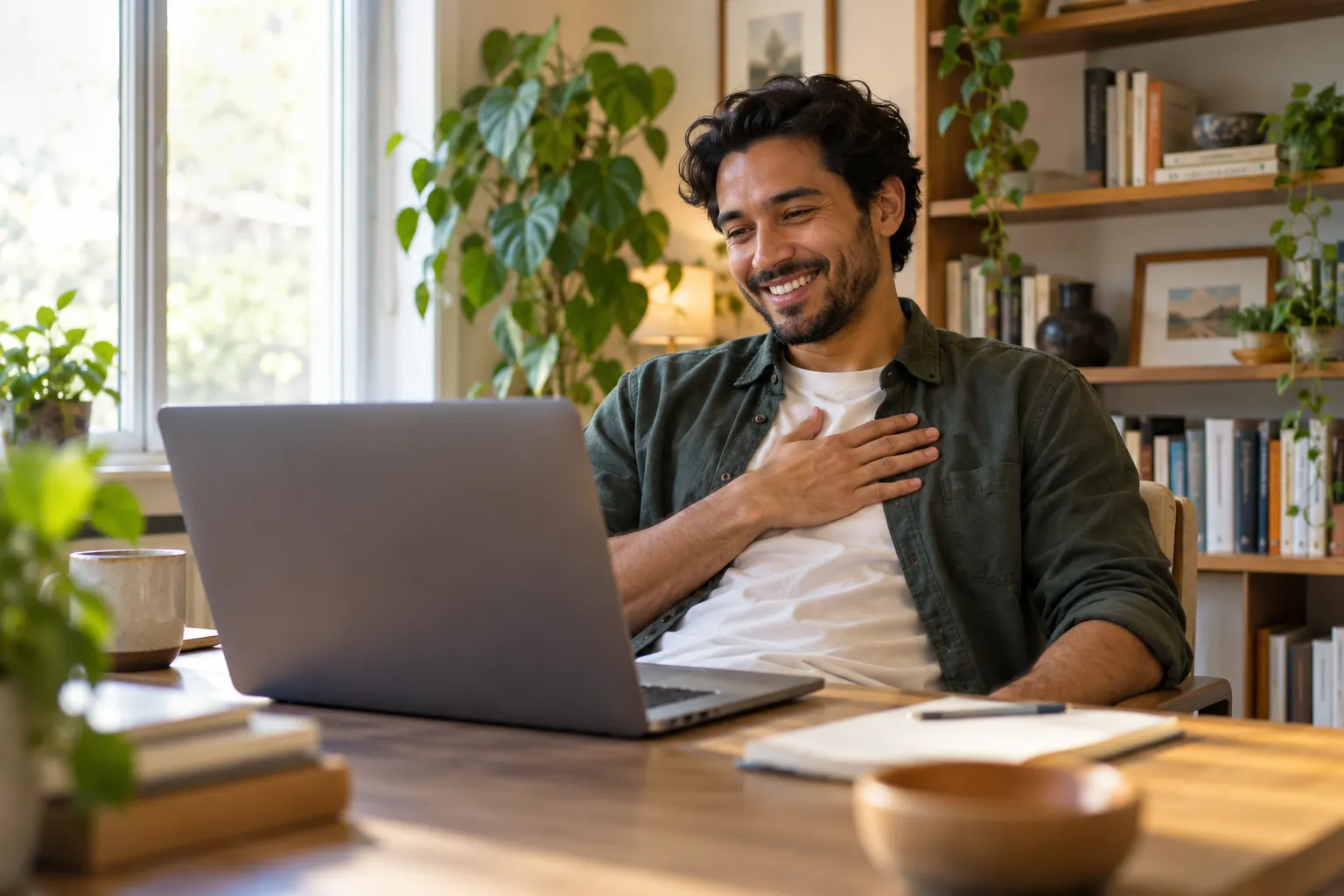 A man at his home desk leans back and smiles, touched, while reading something on his laptop.