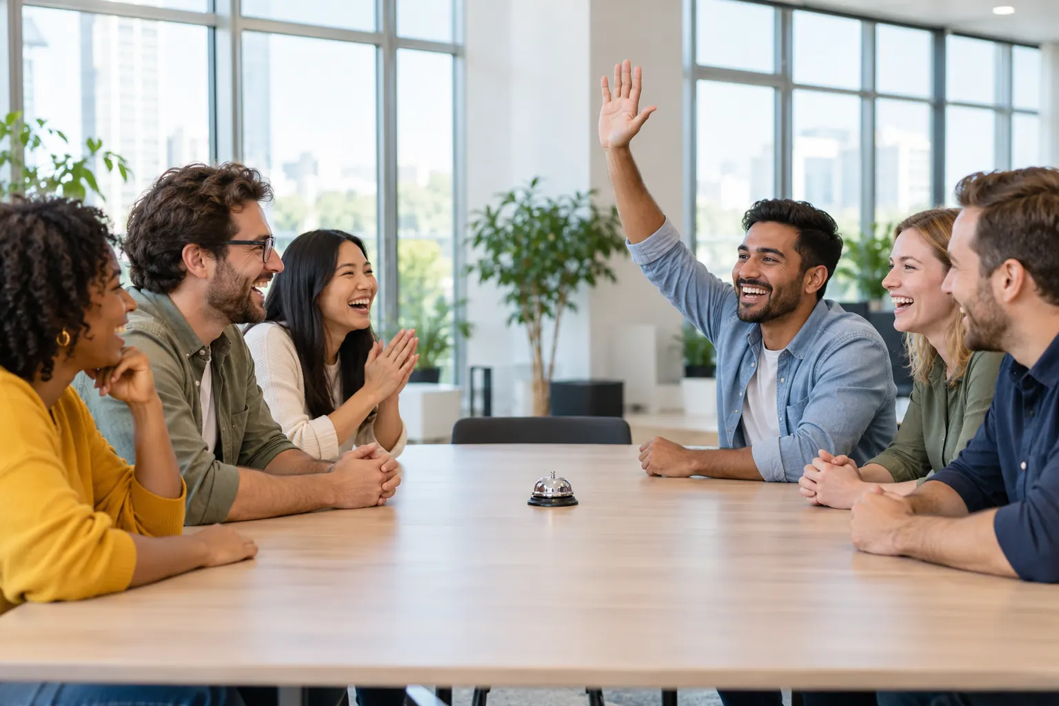 Two teams of laughing coworkers face each other across a table with a desk bell, one hand raised.