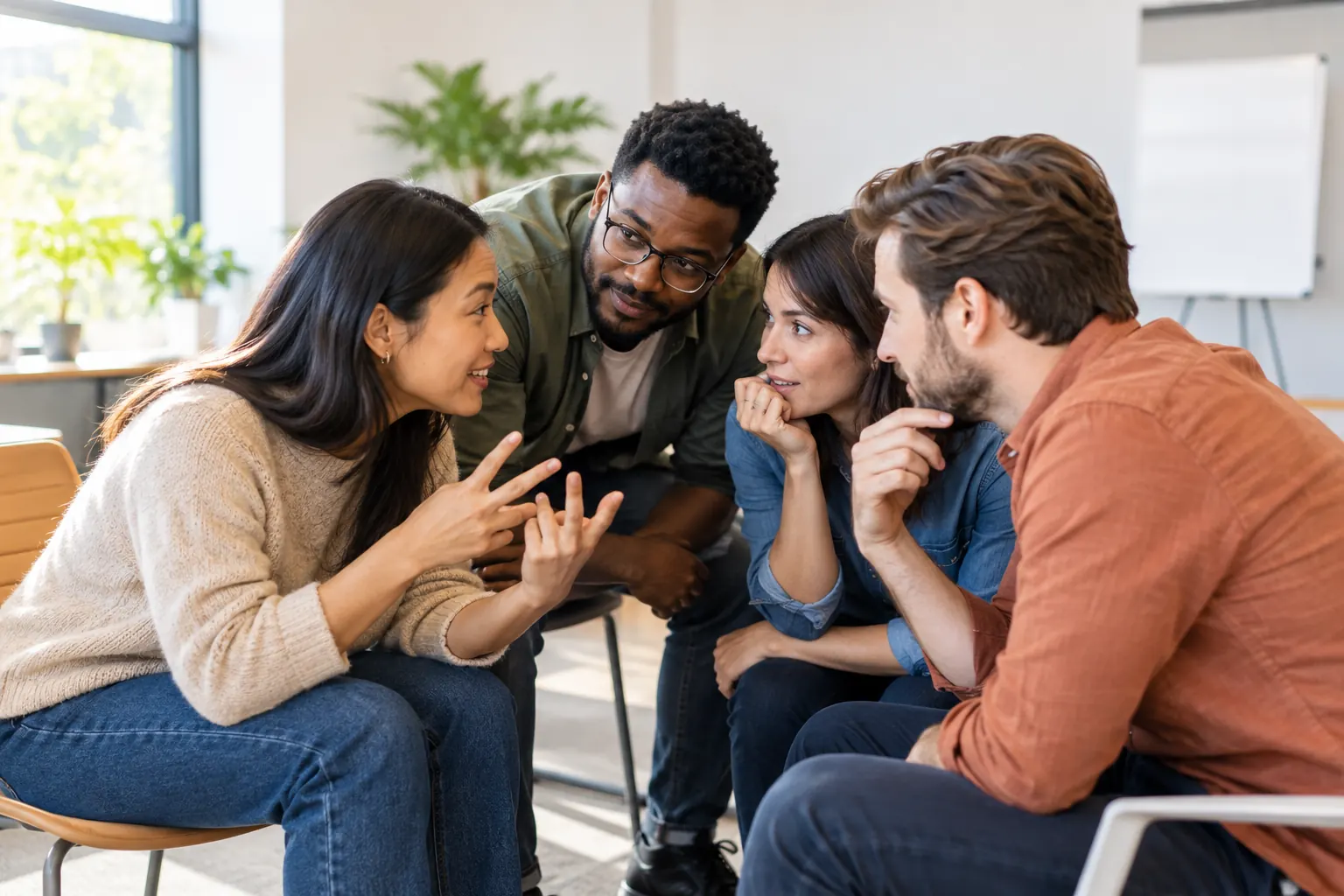 Four coworkers huddle in a meeting room to agree on an answer, one counting on her fingers.